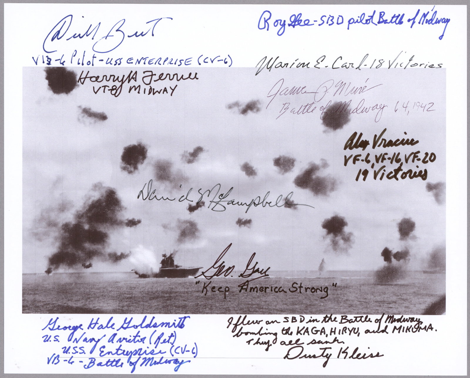 BATTLE OF MIDWAY AVIATORS: A superb S.P. 10 x 8 in. b/w, a reproduction photograph of a scene from the Battle of Midway, boldly signed by 10 American pilots, most of whom add rank or title. Includes: GEORGE H. GOLDSMITH,