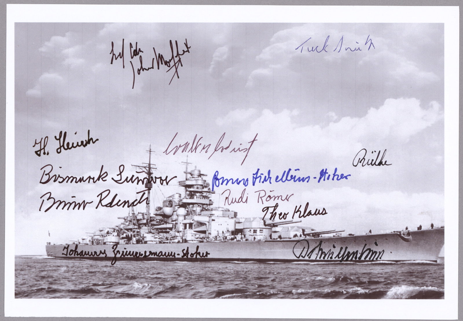BATTLESHIP BISMARCK: Fine S.P. 9.5 x 6.5 in. b/w, a reproduction image of the doomed BISMARCK, signed by two Allied pilots instrumental in the ship’s sinking: LEONARD B. ‘TUCK’ SMITH (1915-2006)