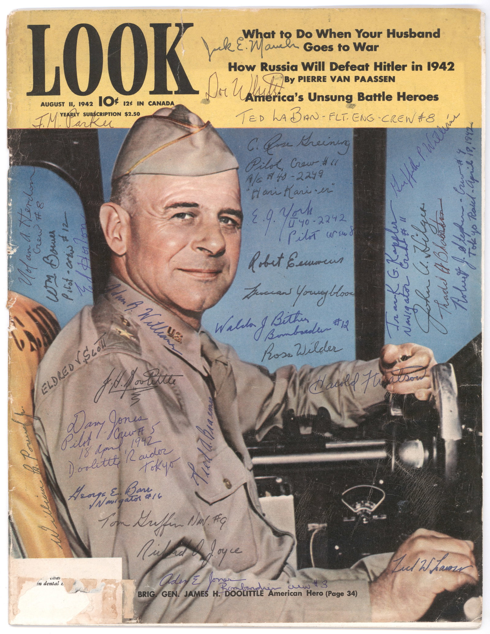 DOOLITTLE RAIDERS: A copy of the April 11, 1942 edition of ‘Look’ Magazine, which features an article on JAMES H. DOOLITTLE, signed by him and by 30 of his Raiders! In addition to Doolittle, signatures inclu