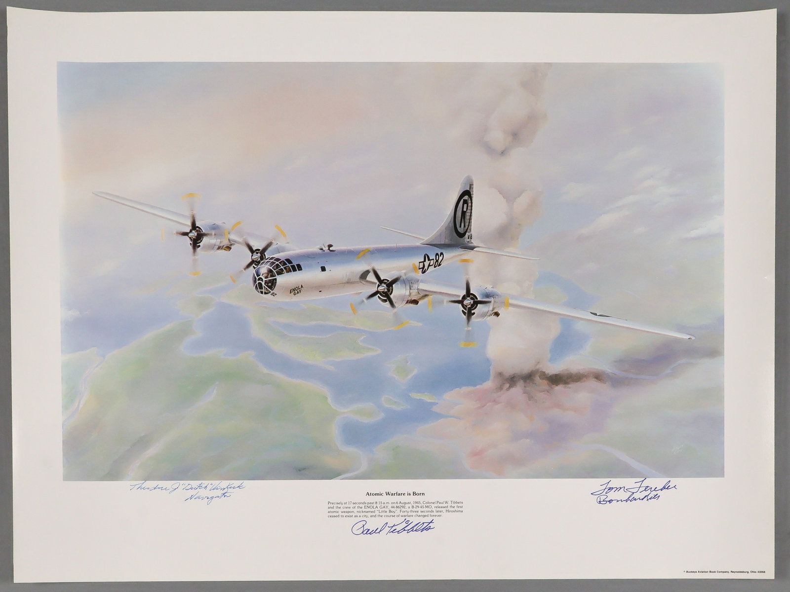ENOLA GAY CREWMEMBERS: A fine signed lithograph titled 'Atomic Warfare is Born', color, 24 x 18 in., featuring an illustration of the Enola Gay in flight, signed by three of the crew members including PAUL TIBBETS