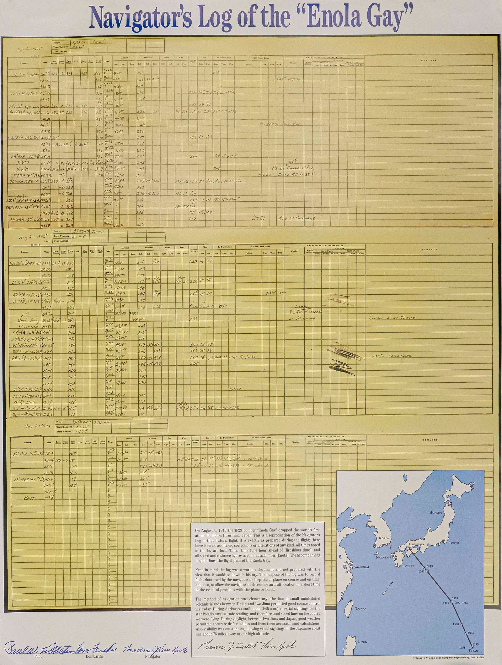ENOLA GAY: Fine signed poster, 18 x 24 in. color, a reproduction of the Navigator’s Log of the Enola Gay, boldly signed by three crewmembers at bottom: PAUL W. TIBBETS, THOMAS FEREBEE and THEODORE ‘D