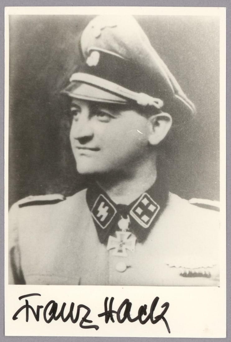 FRANZ HACK: (1915-1997) Waffen SS-Obersturmbannführer, awarded the Knight’s Cross with Oakleaves and Close Combat Clasp in Gold. Scarce S.P. 4 x 6 in. b/w, a head and shoulders portrait in uniform, bol