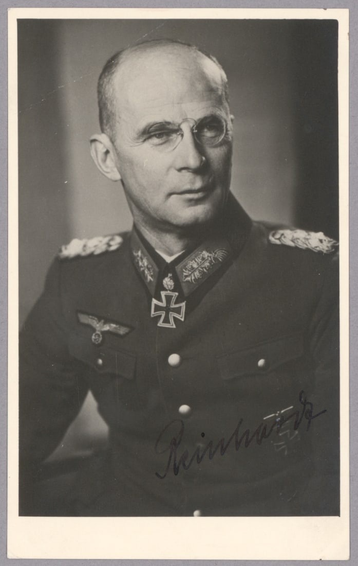 GEORGE-HANS REINHARDT: (1887 - 1963) German general and war criminal during World War II. He commanded the 3rd Panzer Army from 1941 to 1944, and Army Group Centre in 1944 and 1945. Reinhardt was tried in the High Command