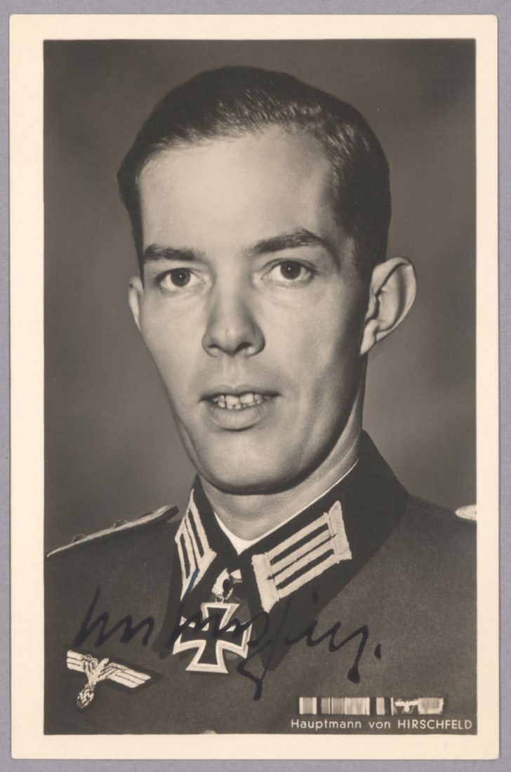 HARALD VON HIRSCHFELD: (1912 - 1945) German general, one of the youngest generals in the Wehrmacht, winner of the Knight's Cross of the Iron Cross with Oak Leaves. Posthumously promoted to Generalleutnant. He played a major