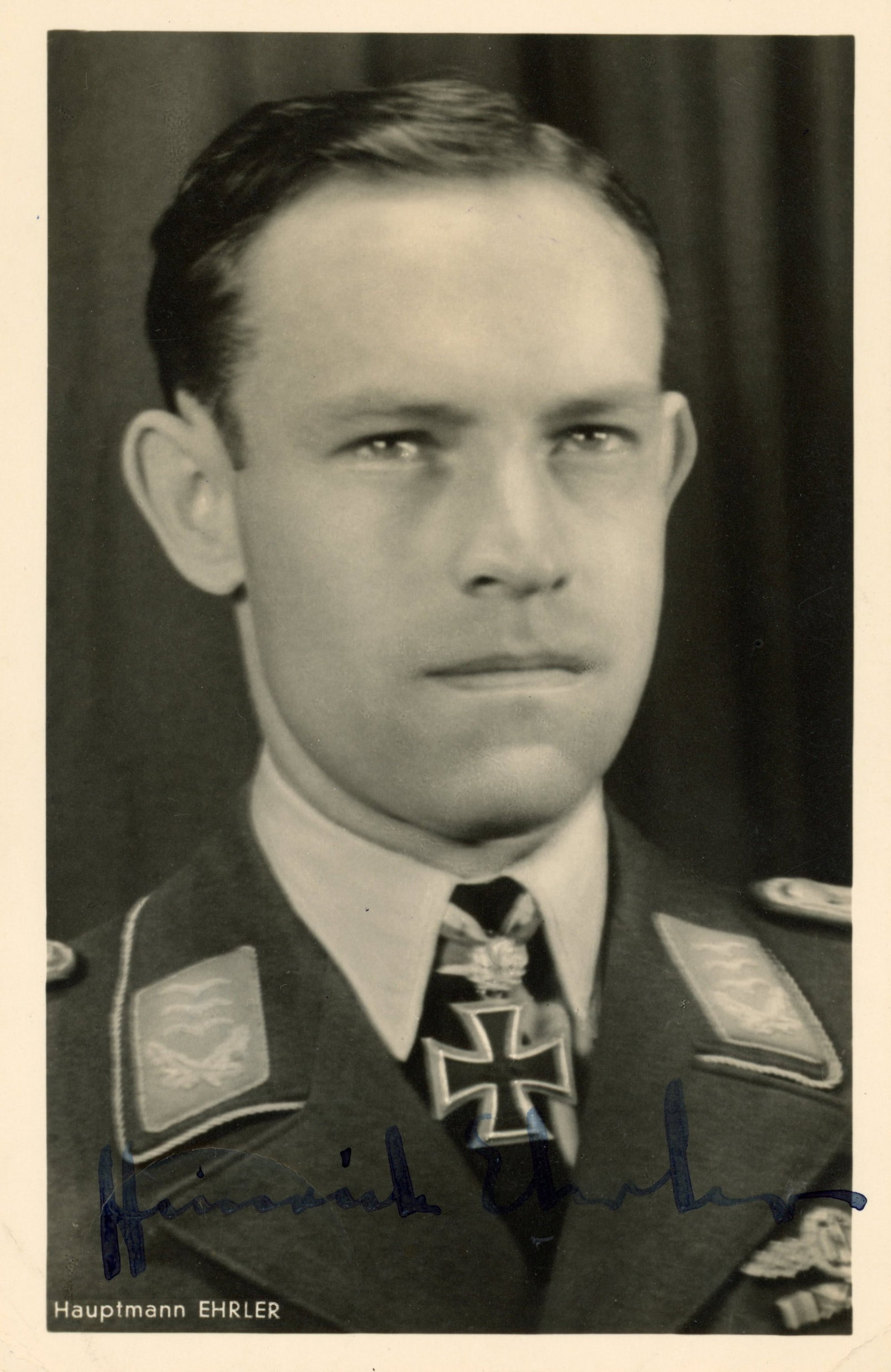 HEINRICH EHRLER: (1917-1945) Luftwaffe fighter ace credited with 208 enemy aircraft shot down in over 400 combat missions, for which he was awarded the Knights Cross with Oak Leaves. The majority of his victories were