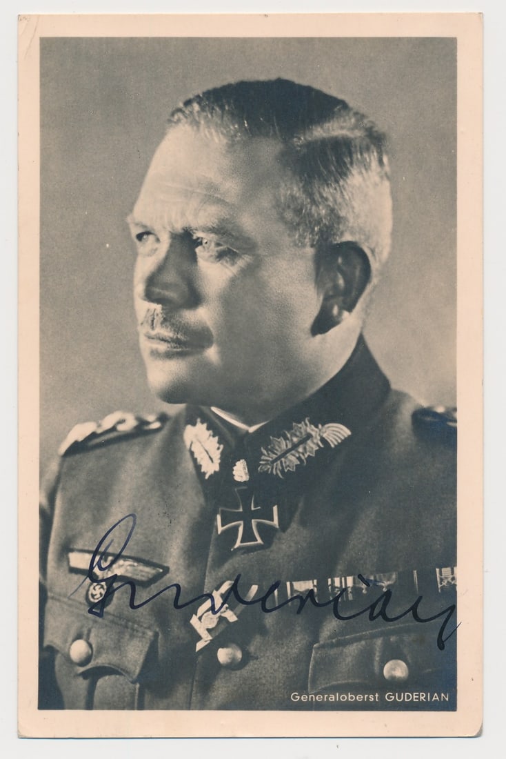 HEINZ GUDERIAN: (1888 - 1954) German general and Hitler's Army Chief of Staff, the inventor of the blitzkrieg who commanded Panzers in Poland and France, and the Russian campaign. War-date S.P., 3.25 x 5 in. b/w, a c