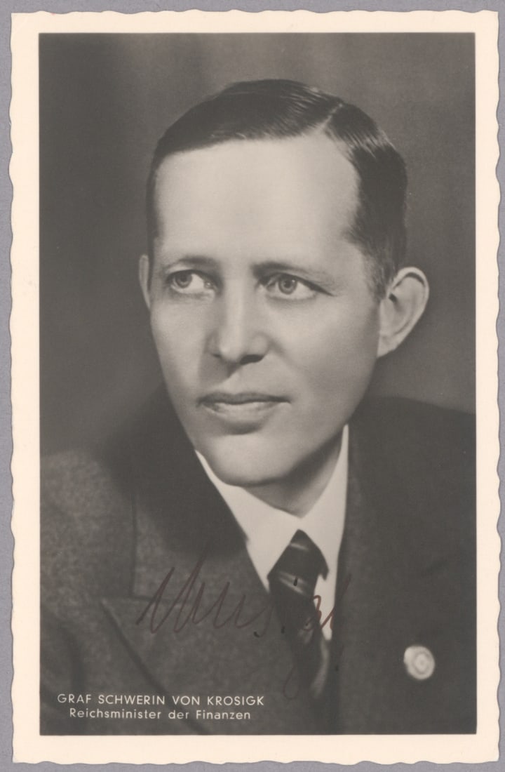 JOHANN LUDWIG GRAF SCHWERIN VON KROSIGK: (1887-1977) Minister of Finance of Germany from 1932 to 1945 and Leading Minister of the German Reich (Chancellor) in May 1945. Fine S.P. 3.5 x 5.5 in. b/w, a deckle-edge Hoffman real-photo postcard
