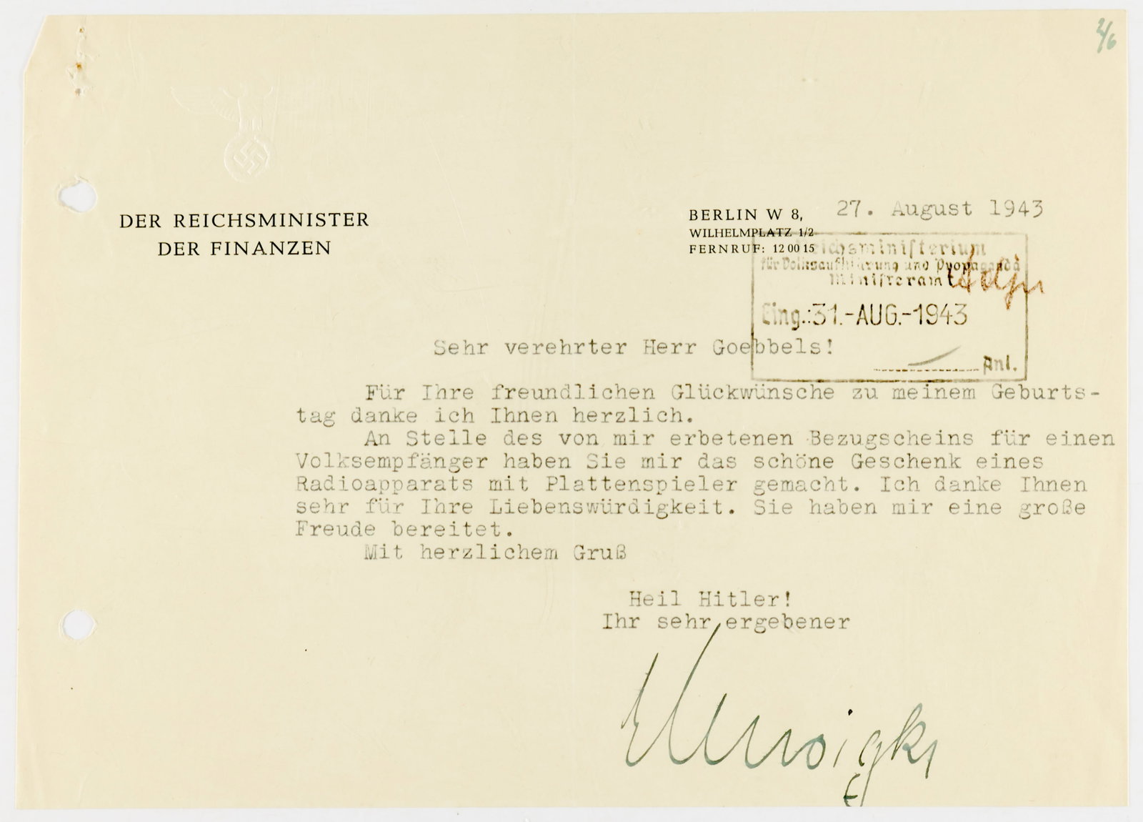 JOHANN LUDWIG VON KROSIGK: (1887-1977) German jurist and senior government official who served as Minister of Finance of Germany from 1932 to 1945. Found guilty in the Ministries Trial in 1949, he was sentenced to ten years'