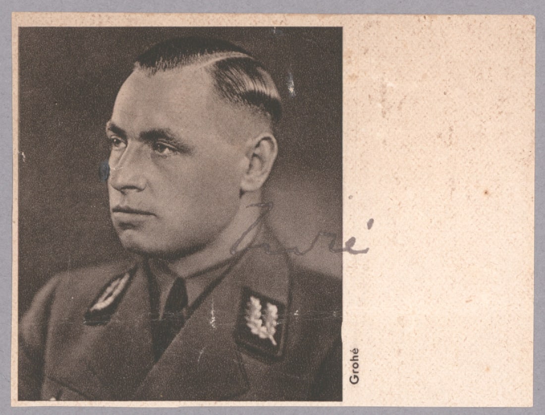 JOSEF GROHE: (1902 -1987) NSDAP Gauleiter of Cologne and Reichskommissariat of Belgium and Northern France. S.P. 4 x 3 in. b/w, a head and portrait taken from a publication, signed at right with just good