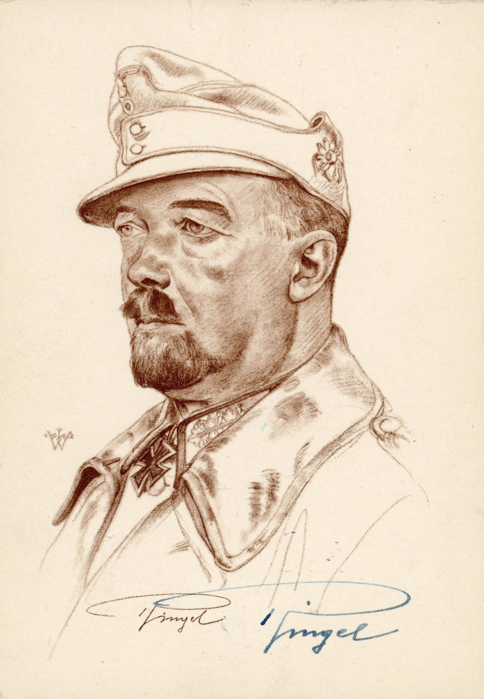 JULIUS RINGEL: (1889 - 1967) Austrian-born German General of Mountain Troops, distinguished himself in the desperate battle for Crete. Signed war-date postcard, 4 x 6 in. color, bearing a printed image of the