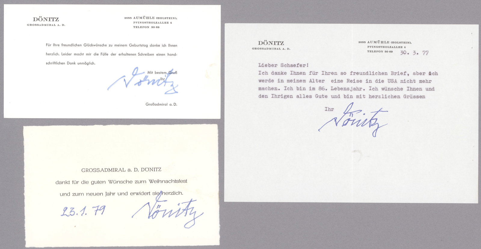 KARL DONITZ: (1891 - 1980) German admiral who headed the U-Boat arm of the German Navy, later succeeded Hitler as Fuhrer after Hitler's suicide. Three items: a T.L.S. 1p. oblong 8vo., Holstein, March 30, 1977,