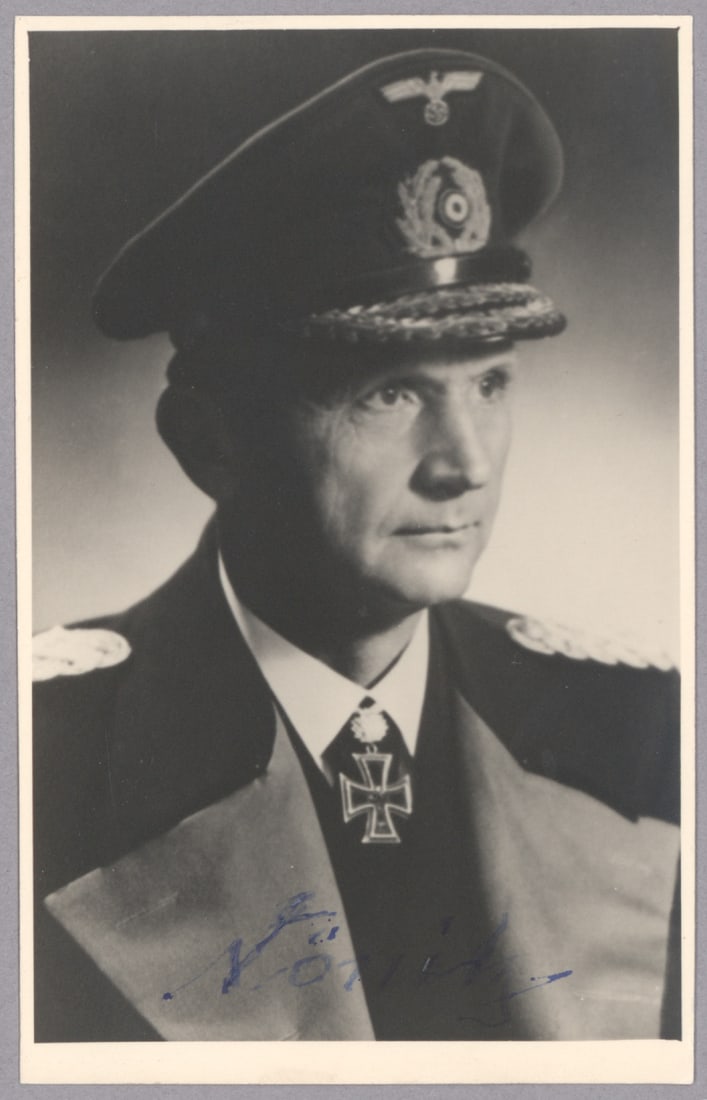 KARL DONITZ: (1891 - 1980) German admiral who headed the U-Boat arm of the German Navy, later succeeded Hitler as Fuhrer after Hitler's suicide. S.P. ‘Donitz’, 4 in. x 5.75 in. b/w, a chest up view of