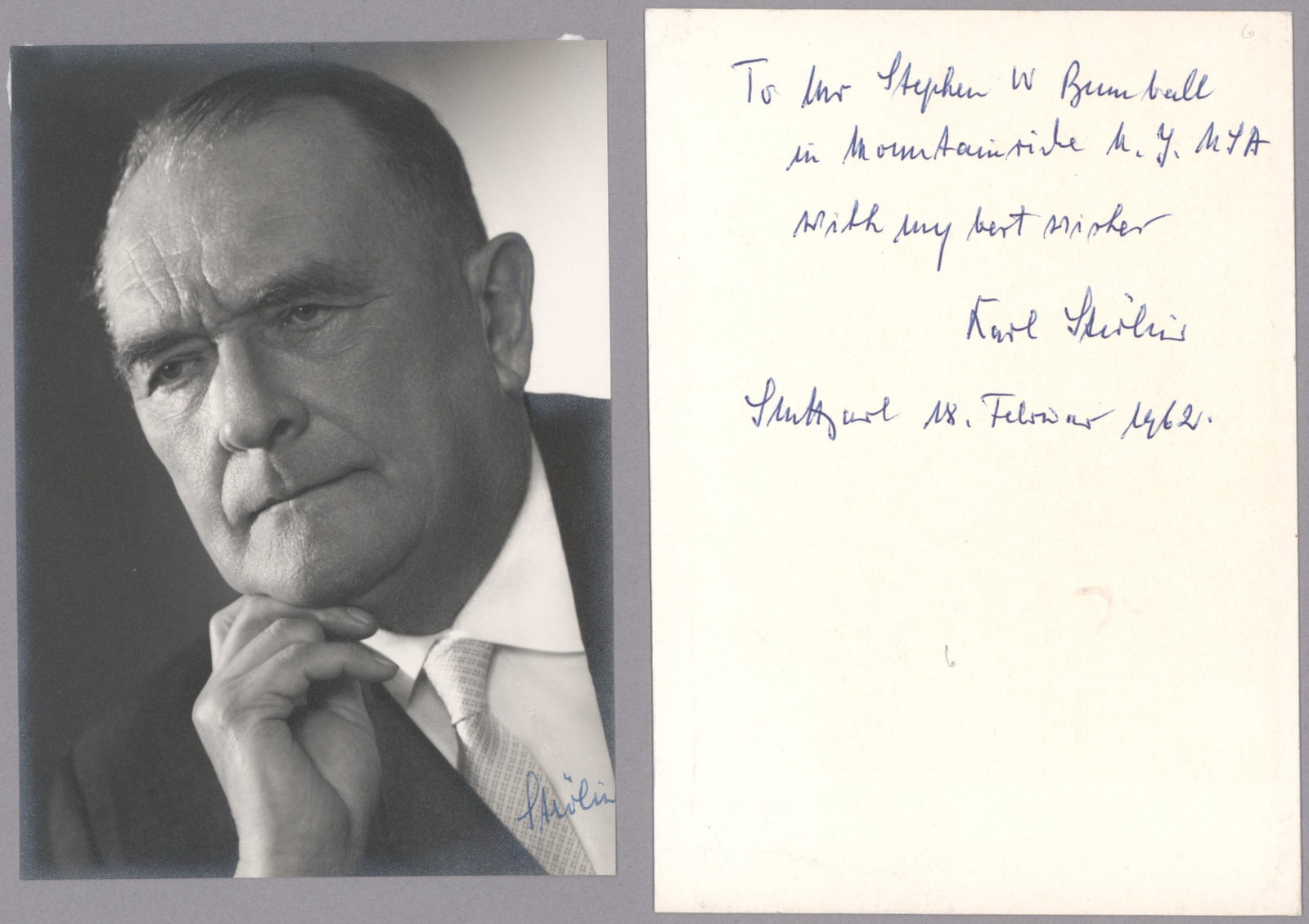 KARL STROLIN: (1890 - 1963) German Nazi politician and the mayor of Stuttgart from 1933 to 1945. Strolin was at least partly responsible for the deportation of more than 2,000 Jews from Stuttgart to the