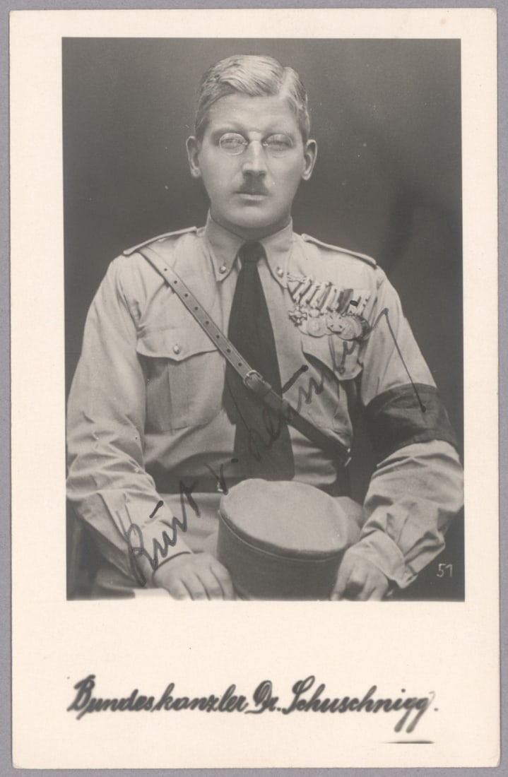 KURT SCHUSCHNIGGE: (1897-1977) Chancellor of Austria. After failing to resist Hitler’s plan to unite Germany and Austria, he spent the World War II years in concentration camps. Scarce S.P. 3.5 x 5.5 in. b/w, a