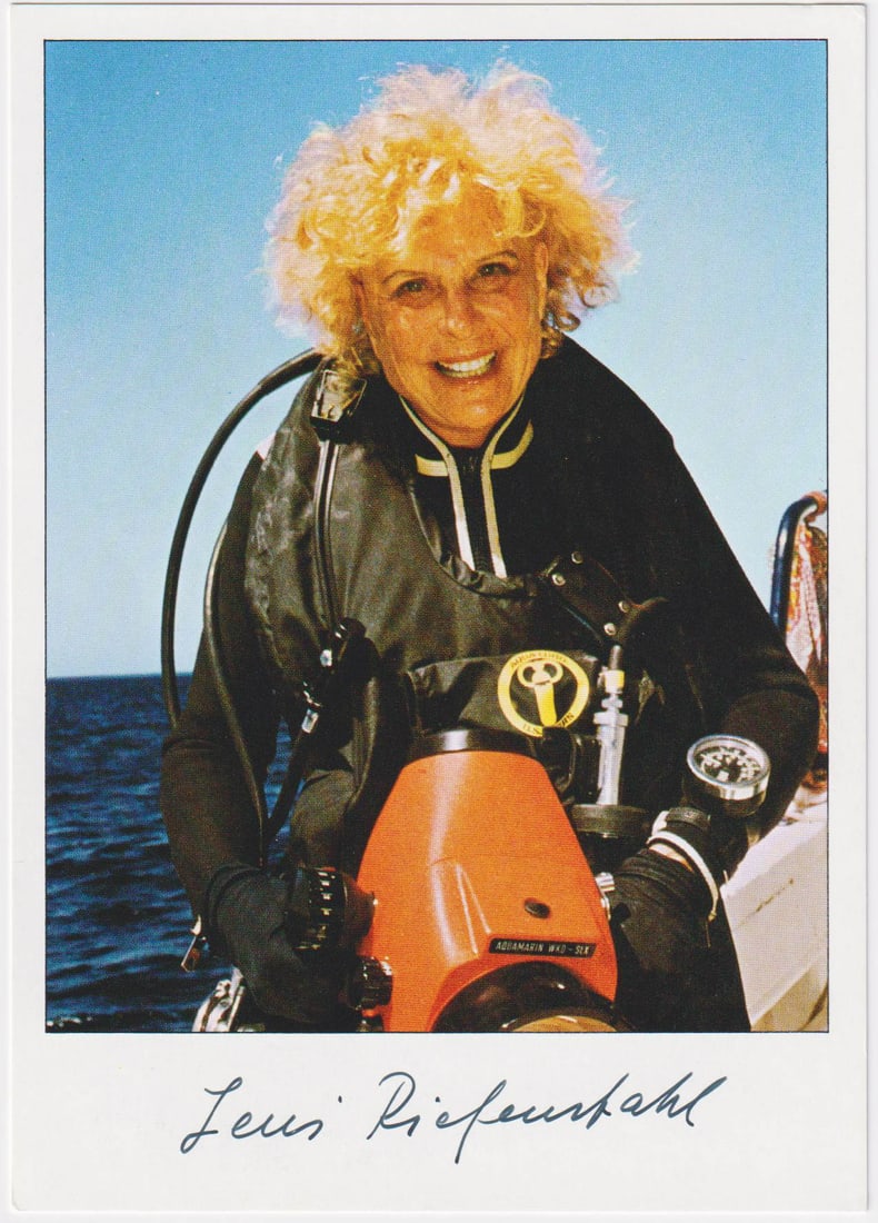 LENI RIEFENSTAHL: (1902 - 2003) German film director, an intimate friend of Hitler who filmed the propaganda classic, 'Triumph of the Will.' S.P., 4 x 5.75 in. color, an image of Riefenstahl later in life wearing a