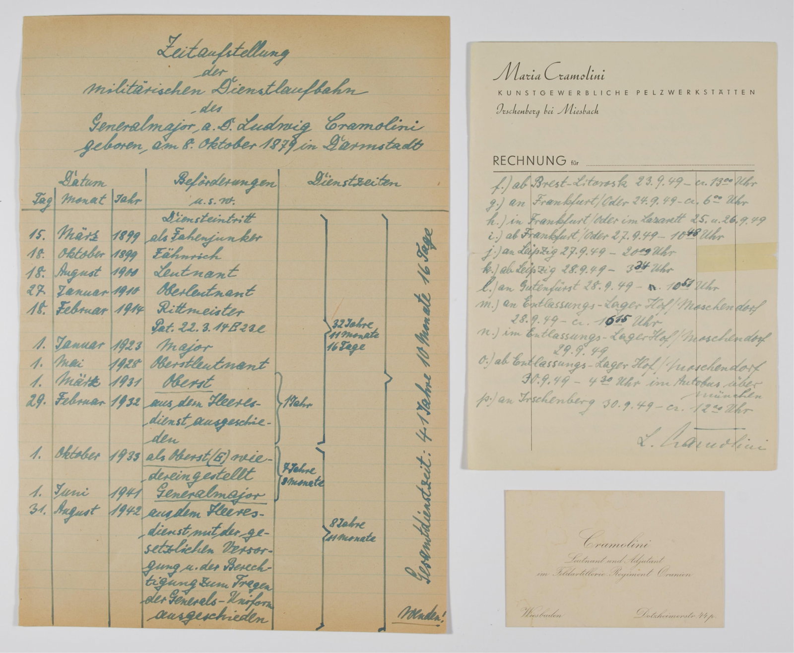 LUDWIG CRAMOLINI: (b. 1879) German major general, charged with military replacement inspection in Chemnitz. A.D.S., 2pp. 4to., [n.p.], a list of his military positions and wartime duties from 1899 to 1945, signed at