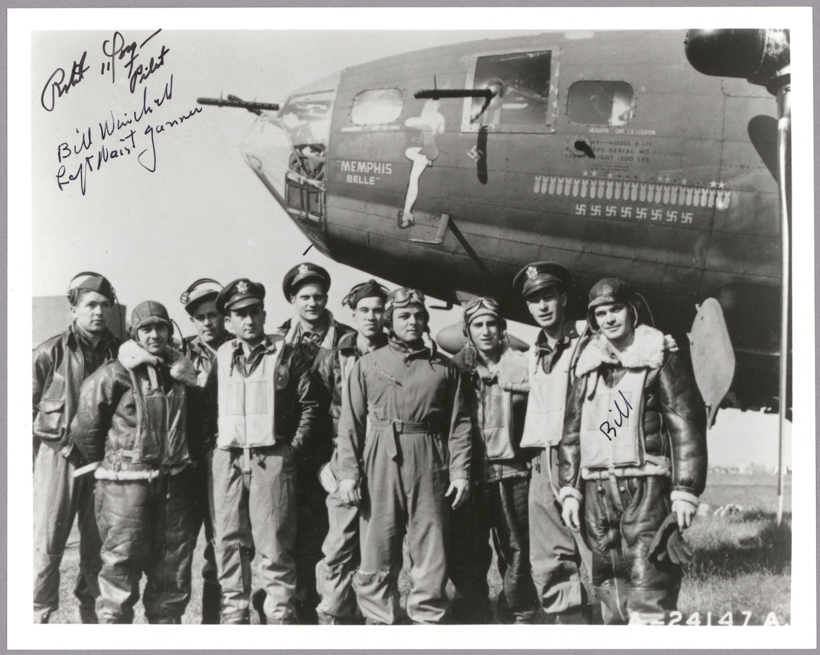 (MEMPHIS BELLE): S.P. 8 x 10 in. b/w, a contemporary reprint of a vintage image showing the crew of the Belle before their craft. Signed at top left by pilot ROBERT MORGAN and waist gunner BILL WINCHELL, who