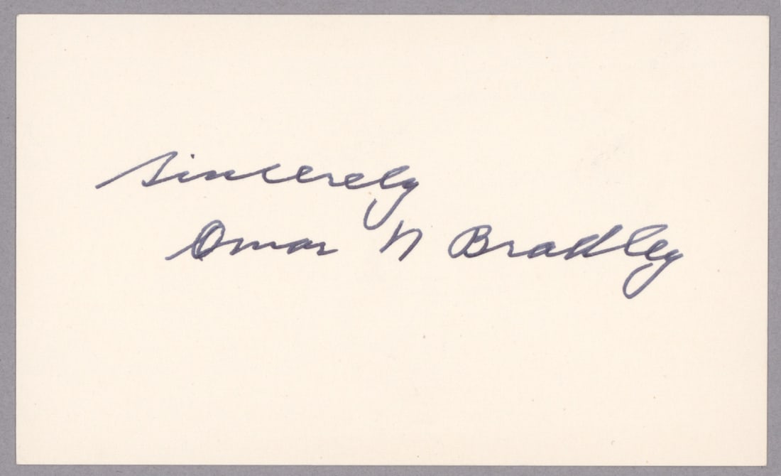 OMAR N. BRADLEY: (1893 - 1981) American general of World War II who commanded the largest ground force ever led by one man. He was later Chairman of the Joint Chiefs. Perfect blue ink signature on a card. Fine.