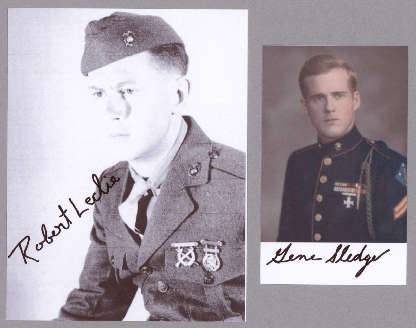 ‘THE PACIFIC’: GENE SLEDGE AND ROBERT LECKIE: Two signed photos: EUGENE B. SLEDGE (1923-2001) U.S. Marine and author whose chronicle of his experiences during World War II was used as source material for two popular mini-series. S.P. 2.5 x 4 in.