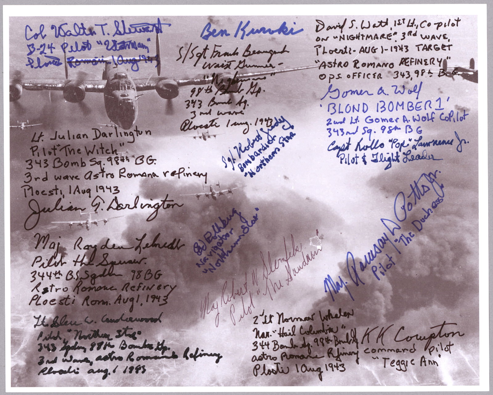 ‘TIDAL WAVE OVER PLOESTI’: A fine S.P. 10 x 8 in. b/w, a reproduction of a vintage image showing a bomber in midst of a dive, signed by 15 crewmen who participated in the Aug. 3, 1943 attack by 177 B-24 bombers on oil