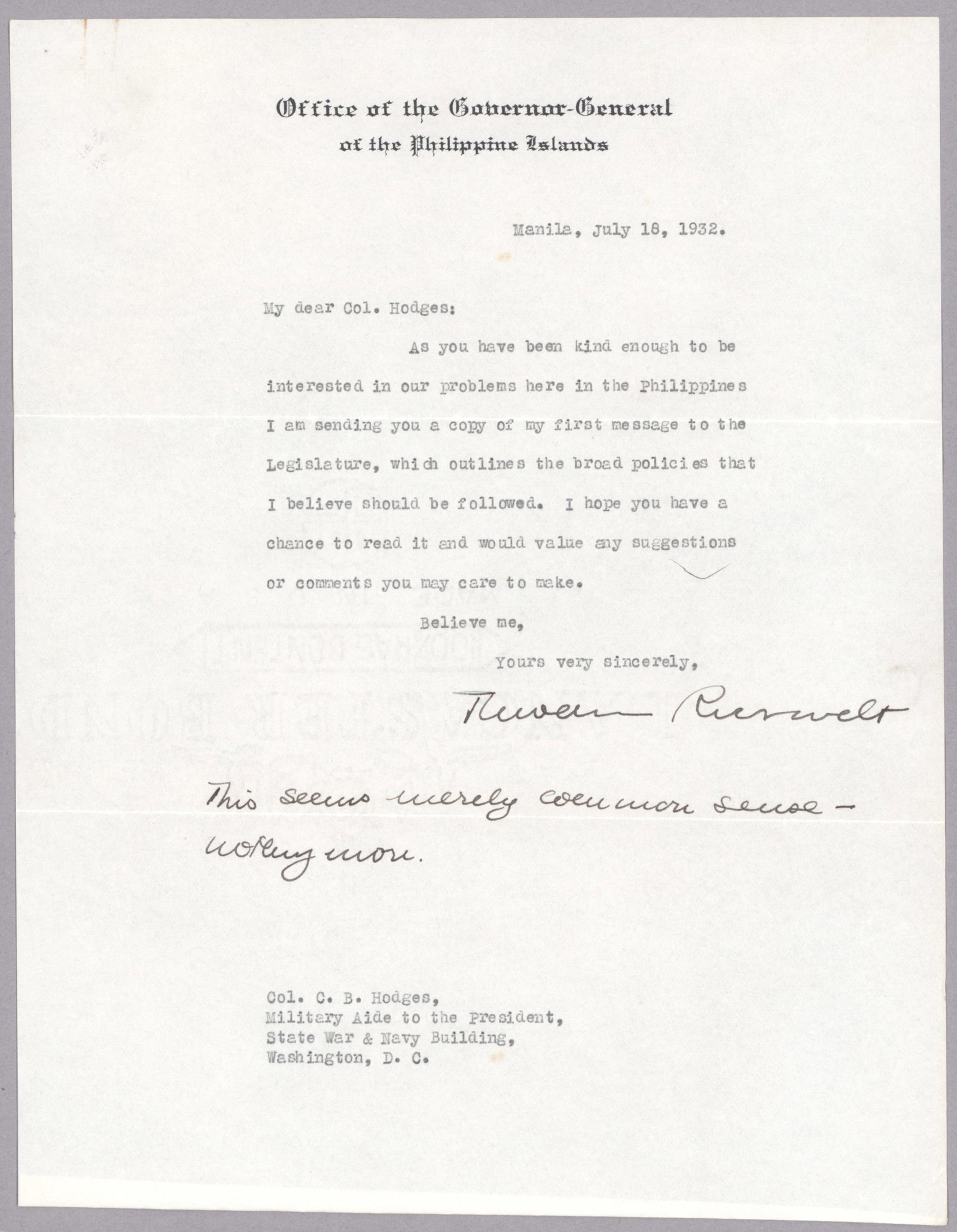 THEODORE ROOSEVELT, JR.: (1887-1944) American general and son of the president, served with distinction in World Wars I & II, died leading his men ashore at Utah Beach and awarded the Medal of Honor. Good content T.L.S. as
