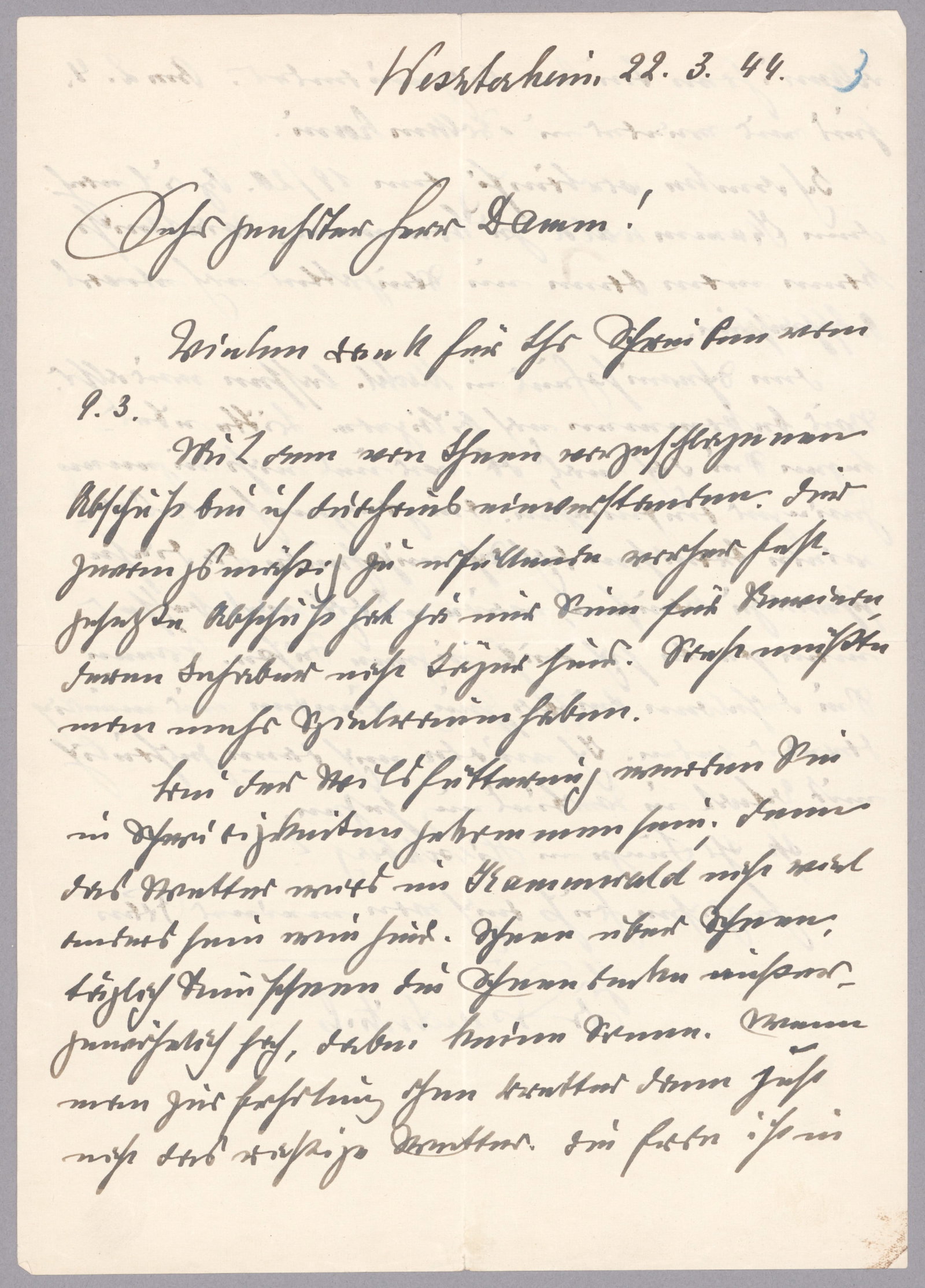 WALTHER VON BRAUCHITSCH: (1881 - 1948) German field marshal and commander in chief who formally led the campaigns against Greece, France, Poland and the USSR. War-date A.L.S. 2pp. 4to., Westerheim, March 22, 1944, to Herr Dam