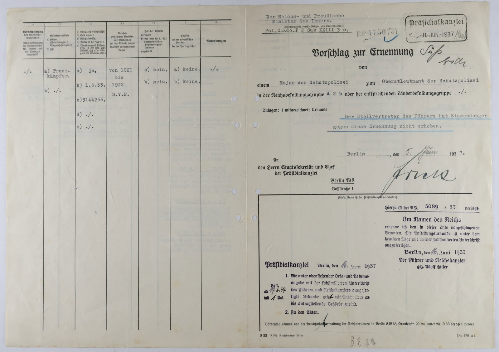 WILHELM FRICK: (1877 - 1946) Nazi Minister of the Interior, author of the Nuremburg Laws. Hanged at Nuremburg for his crimes. Partly-printed D.S., 4pp. 4to., Berlin, June 5, 1937, a personnel assessment and
