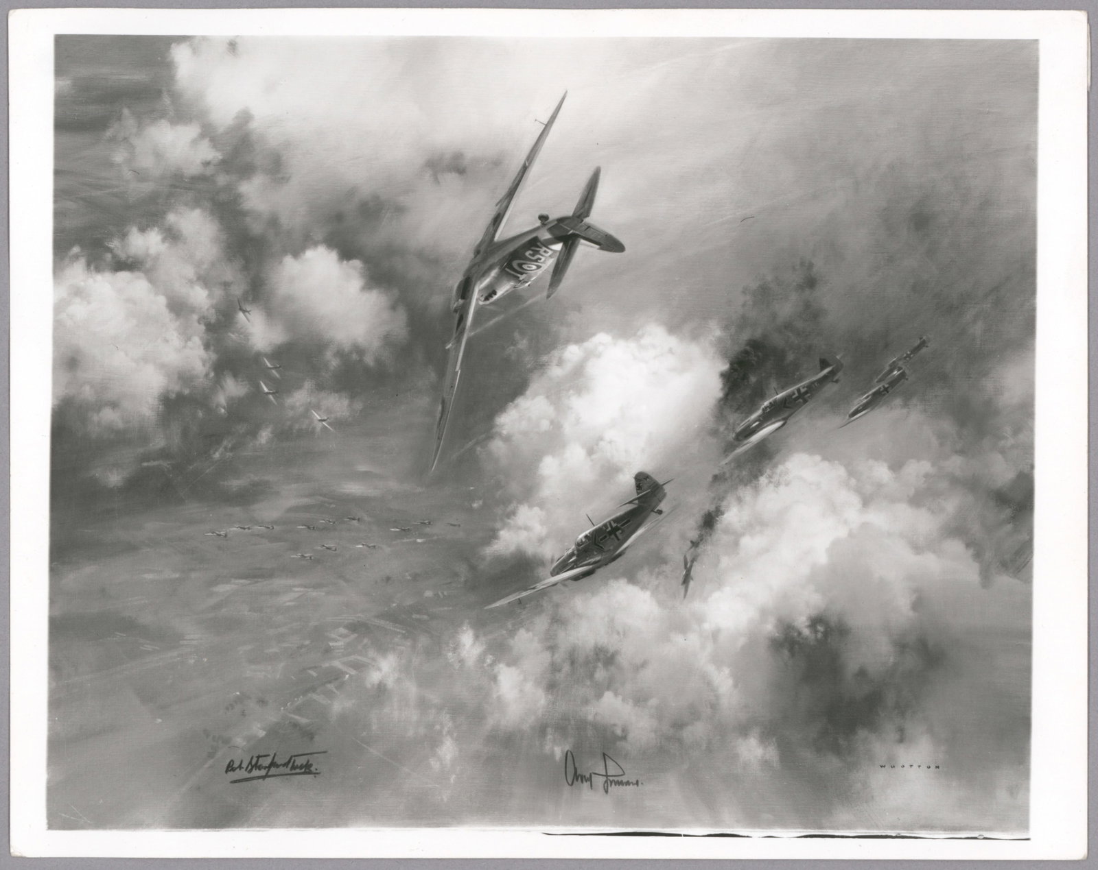 WORLD WAR II ACES: S.P. 8 x 10 in b/w, photo of a painting by FRANK WOOTTON entitled ‘Achtung Spitfire’, signed on verso by aces: ADOLPH GALLAND, DOUGLAS BADER, and BOB STANFORD-TUCK, as well as the artist W