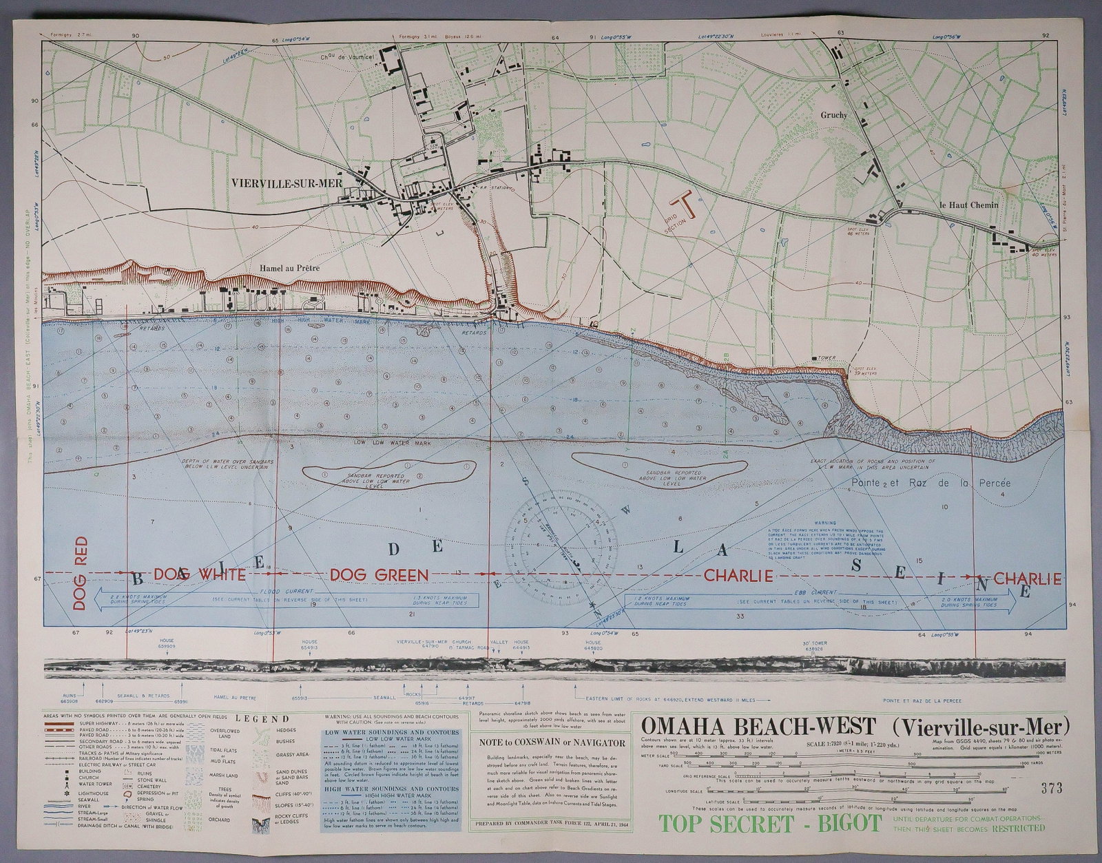 DOG GREEN SECTOR, OMAHA BEACH COXSWAIN'S MAP USED ABOARD LCT-622 ON D-DAY (1 of 3)