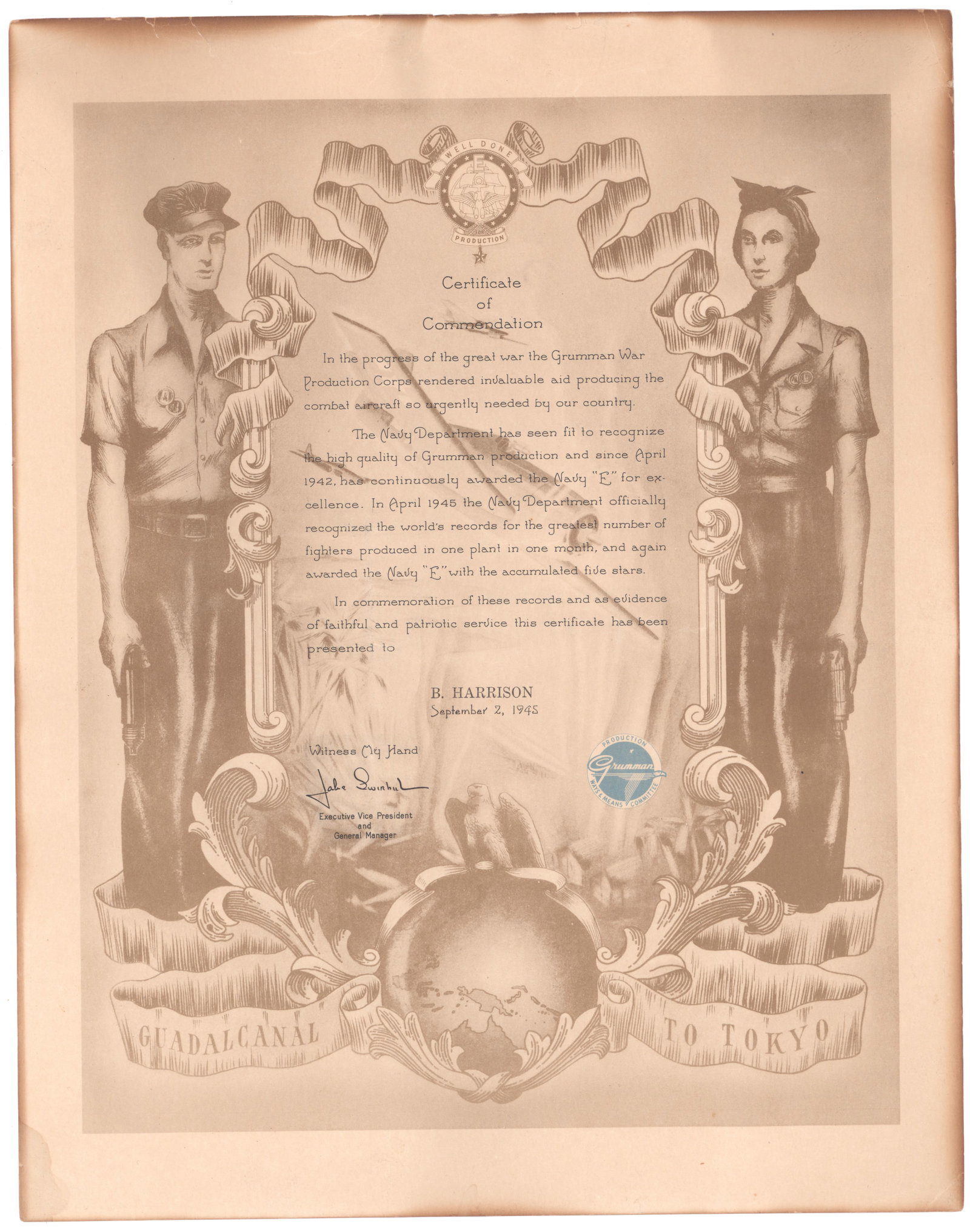 AVIATION AWARD CERTIFICATE WITH NAVY 'EXCELLENCE' PIN (1 of 5)