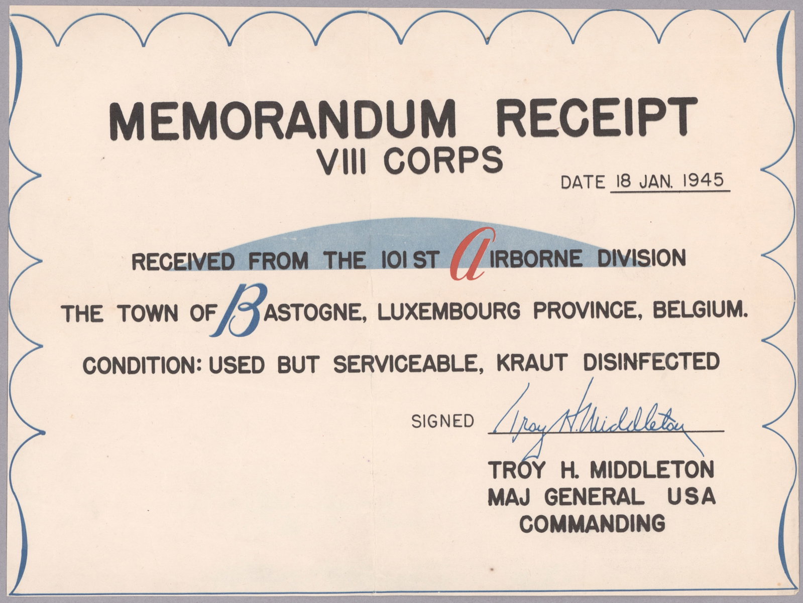 101ST AIRBORNE 'RECEIPT' FOR LIBERATION OF BASTOGNE (1 of 2)