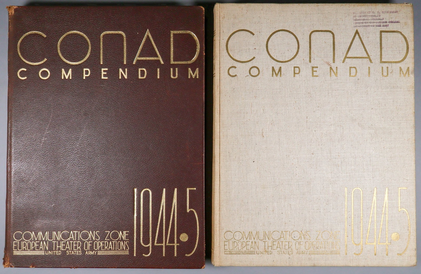 CONAD COMPENDIUM 1944-45, VOLUMES I & II: Conad Compendium Volumes I & II, and unmatched pair published by Aloys Graf, Heidelberg, 1945. Approx. 1,000+pp.10 x 13.25 in. This compendium documents the activities of the Continental Advance Secti