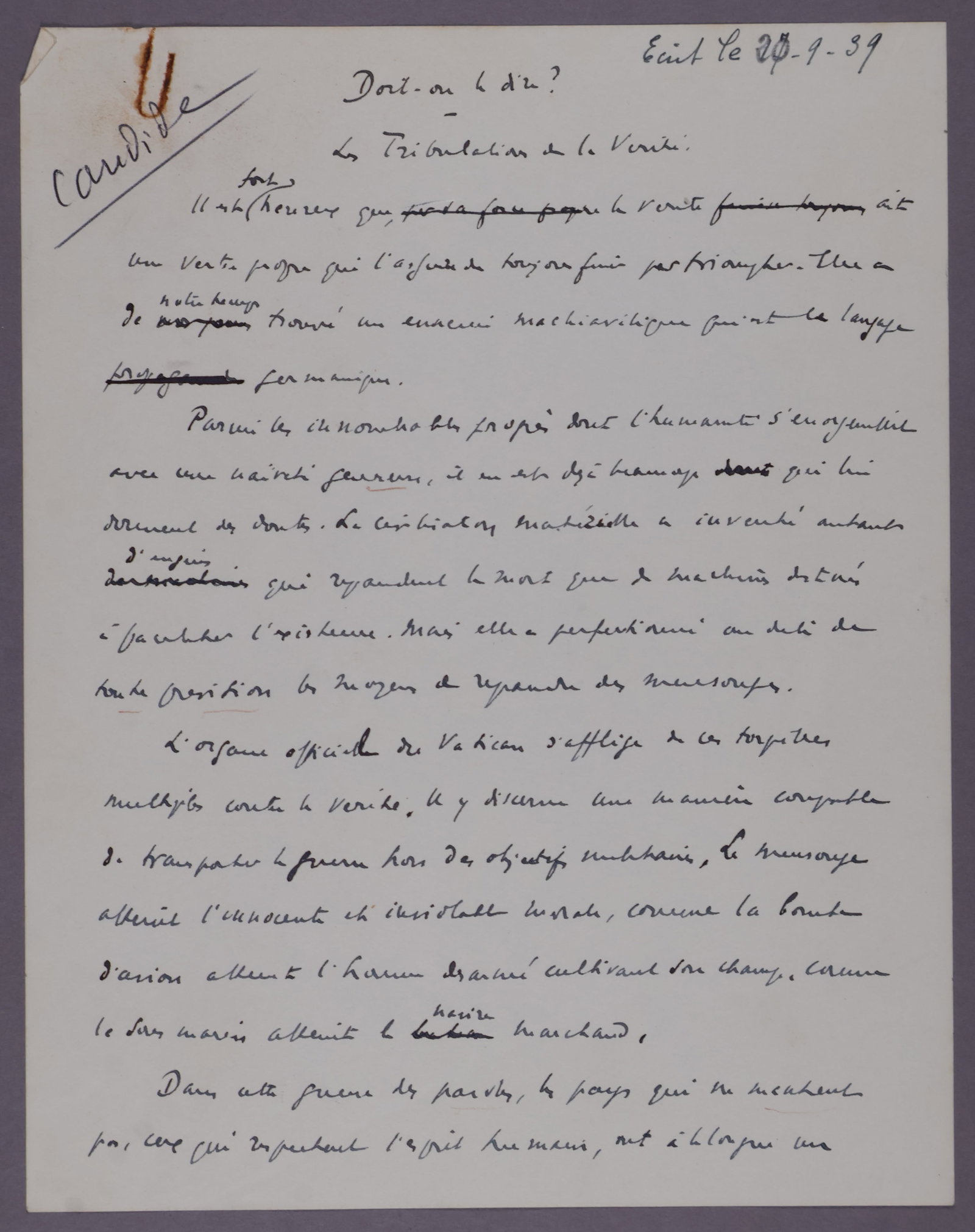 FRENCH ANTI-HITLER MANUSCRIPT, 1939: An intriguing A.M. signed ‘Candide’, 3pp. 8vo. [n.p.], September 20, 1939. Headlined: ‘One must expect the most cynical acrobatics of Nazi propaganda…’ and titled