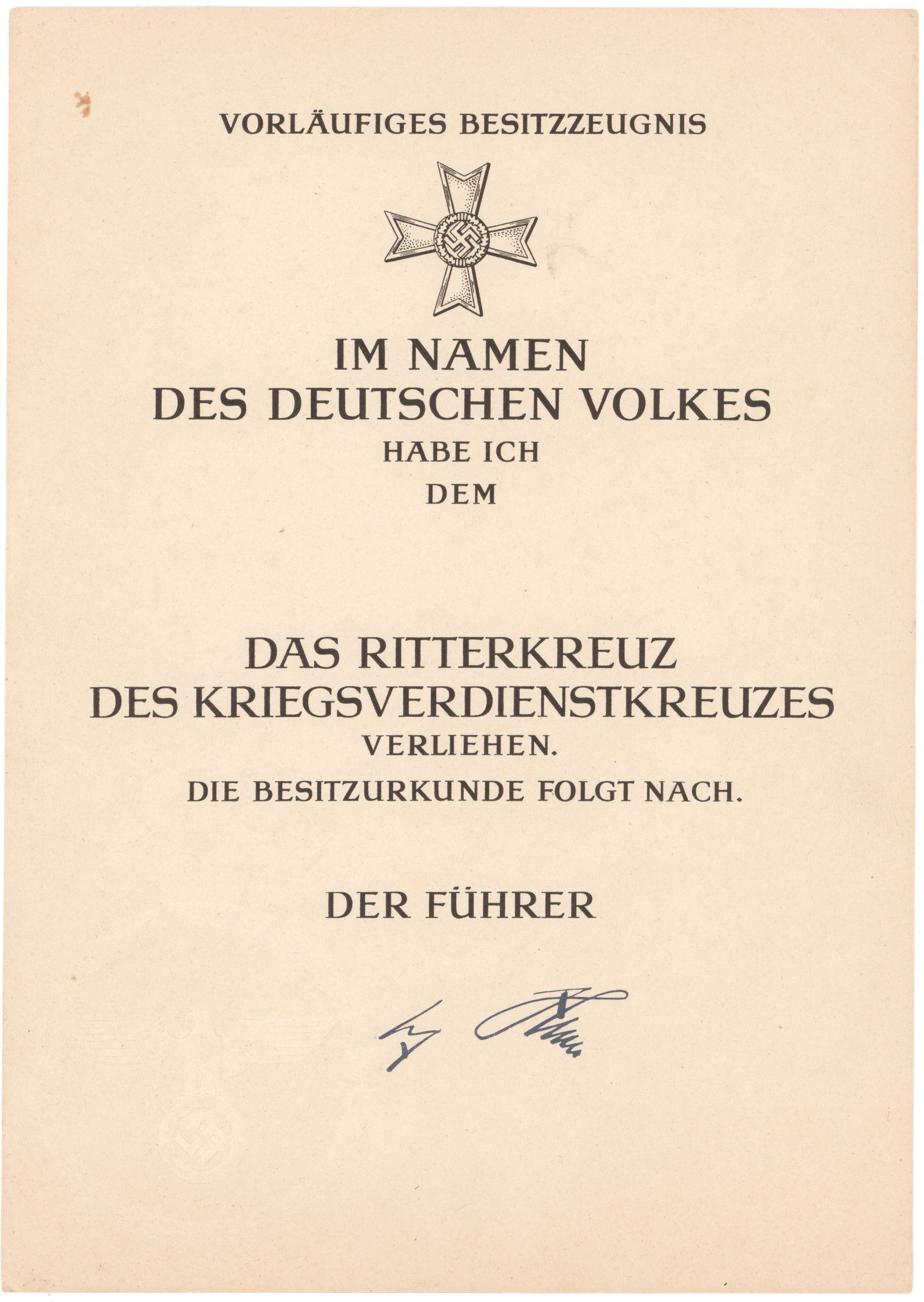 KNIGHTS CROSS OF THE WAR MERIT CROSS AWARD, IN BLANK: Rare, pristine Knights Cross of the War Merit Cross, in blank, 8 1/4 x 11 5/8 in., with blind-embossed seal at bottom and blue lithographed Hitler signature. Trivial foxed spot at upper-left, else fin