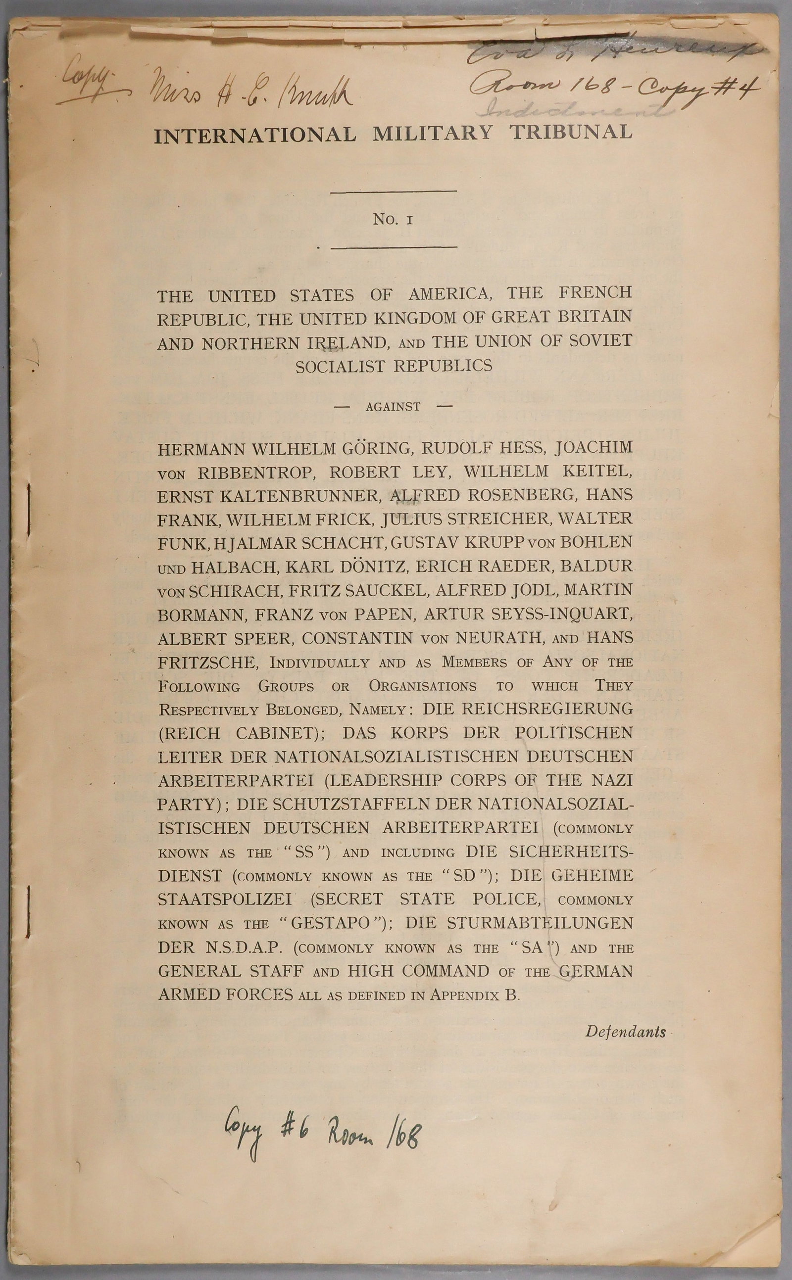TRIAL-USED NUREMBERG INDICTMENT (1 of 7)