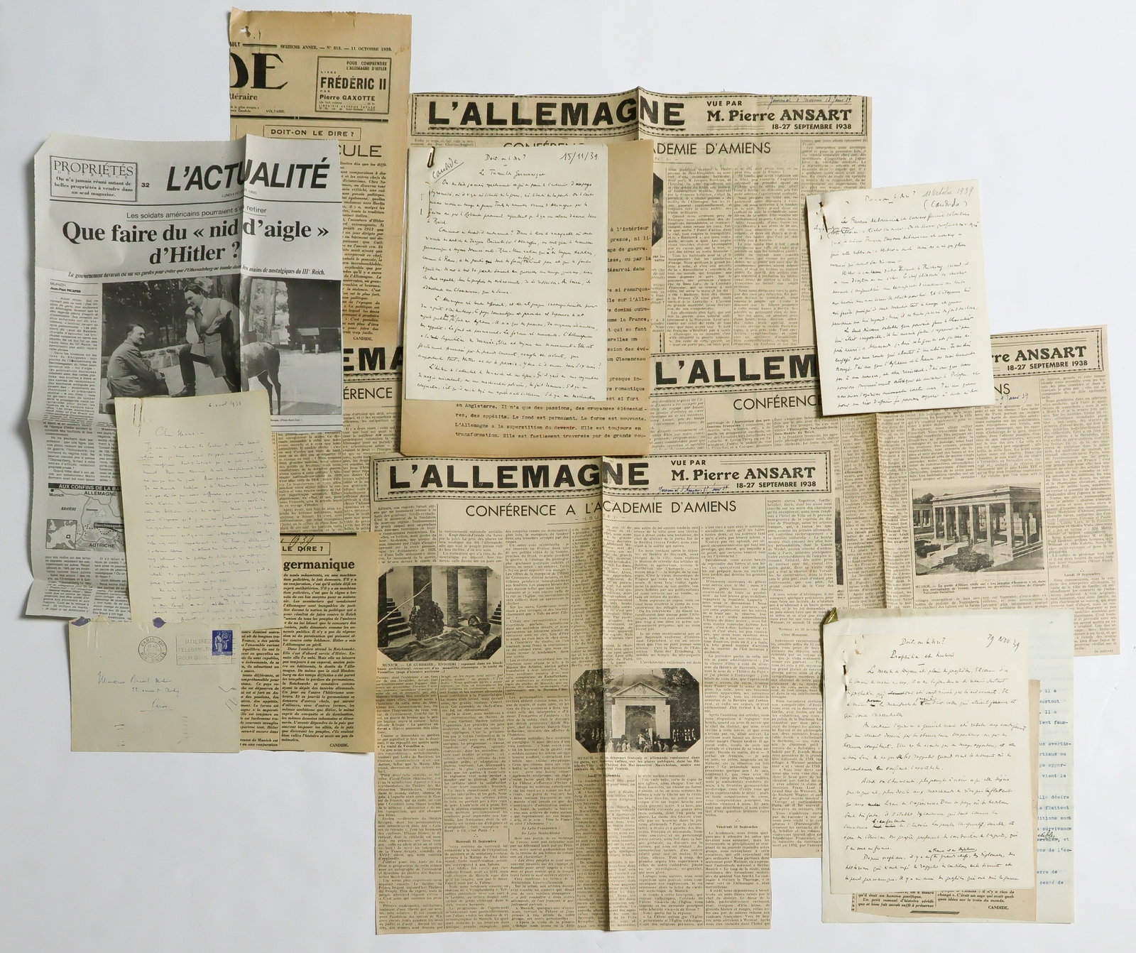WORLD WAR II FRENCH COLLABORATIONIST ARTICLES: Three manuscript documents, 8pp. 8vo. in all, penned by an unidentified writer for publication in the influential French far right newspaper ‘Candide’, October-November, 1939.