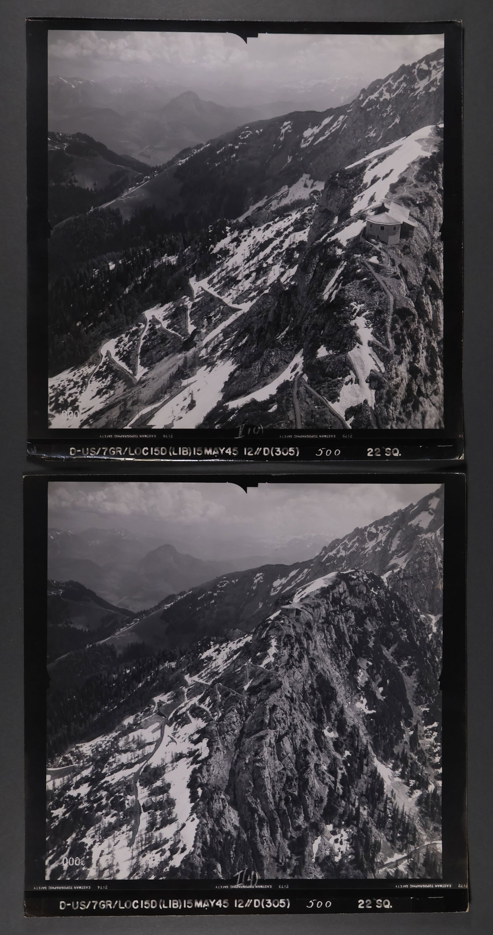 BERCHTESGADEN AERIAL RECON PHOTOGRAPHS (4): Very rare set of four after-action aerial photographs showing the effect (or lack thereof) of bombing raids on the homes of top-level Nazis at Berchtesgaden. The photos, each about 10 x 10 in., were