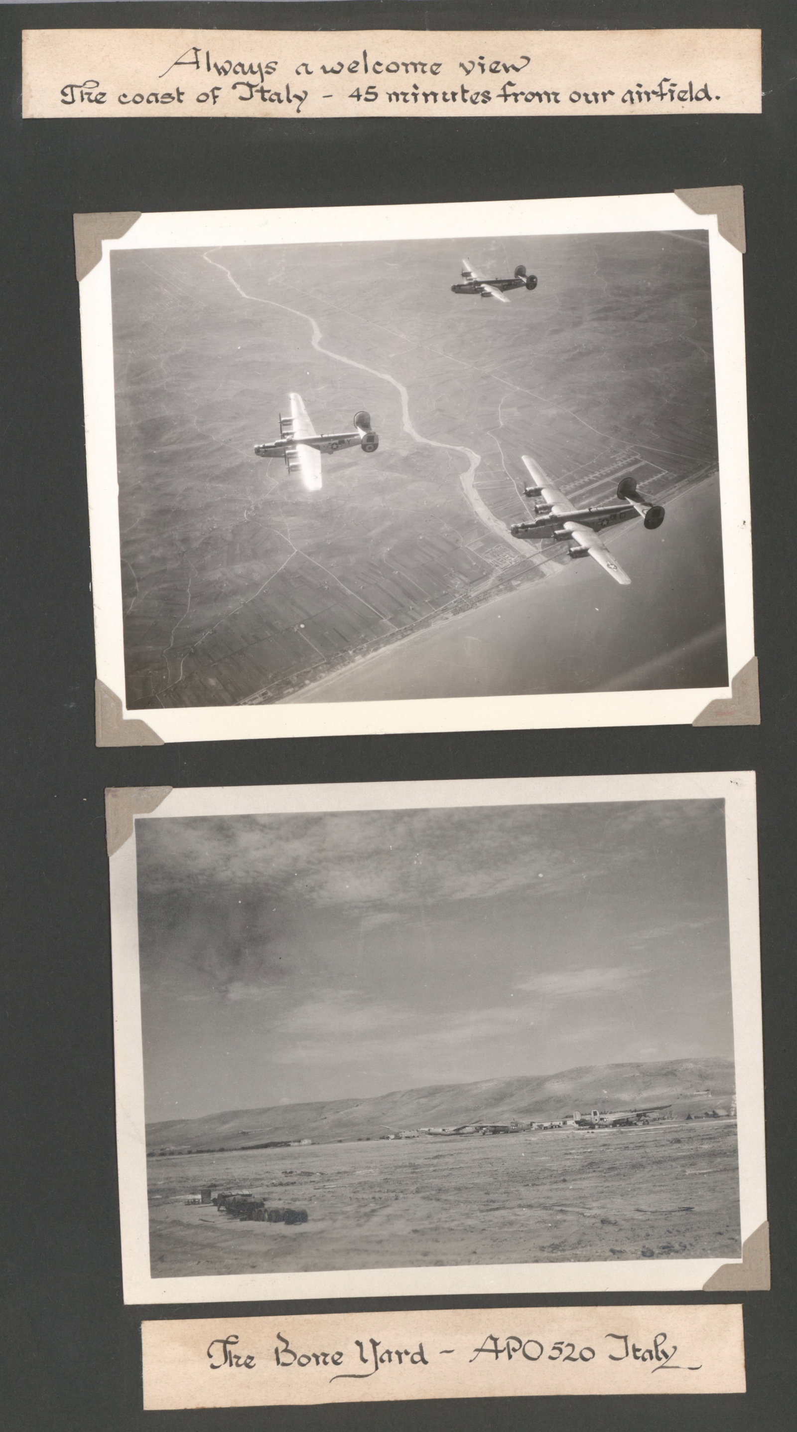 760TH BOMB SQUADRON, 460TH BOMB GROUP PHOTOGRAPH ALBUM: Fabulous photograph album, an assemblage of 54 4 x 5 in. b/w photographs taken by A.A.F. T/Sgt. R. H. Winter, most during actual bombing missions, from November, 1944 to just after war's end. These