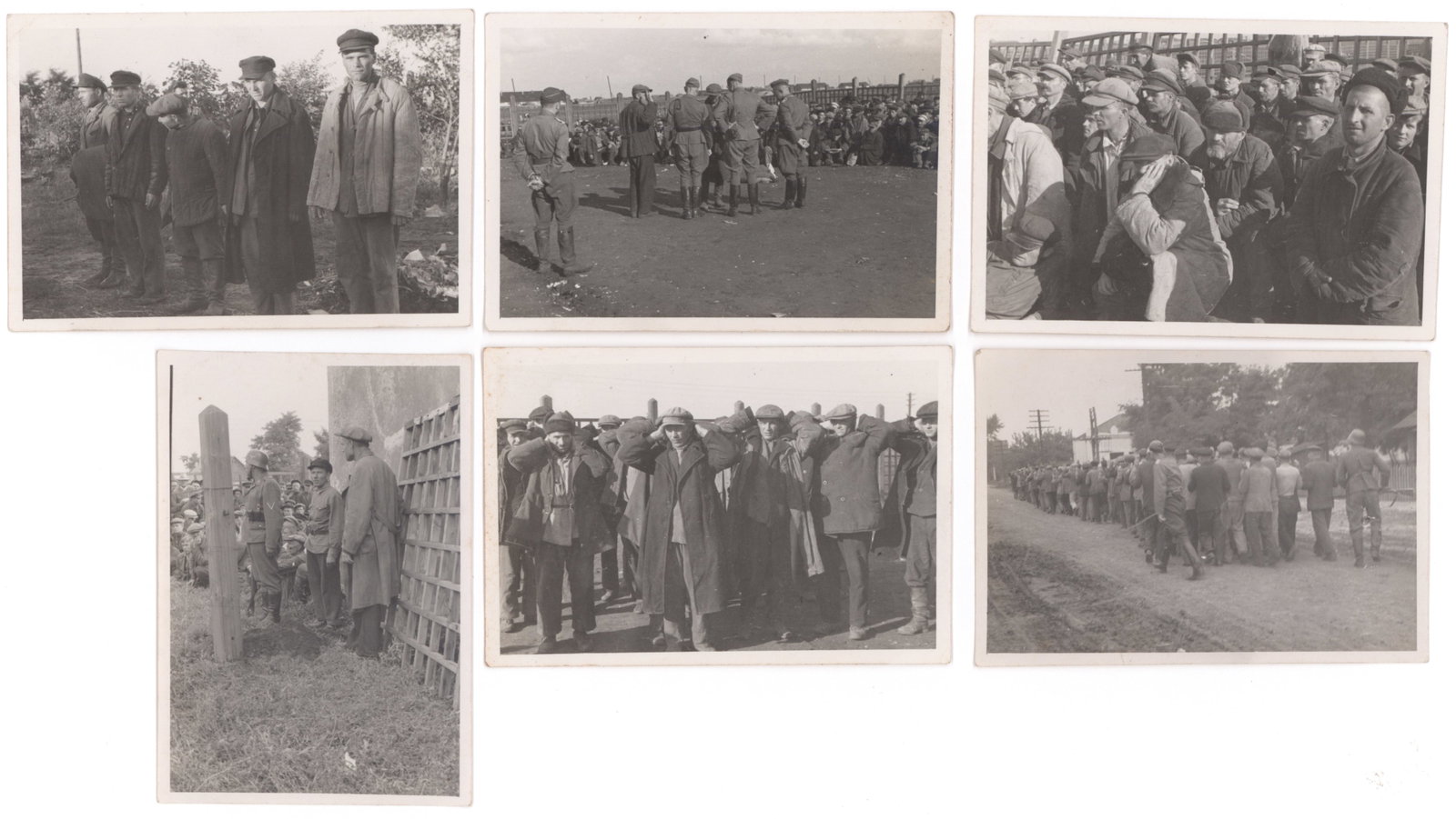 GERMAN PRISONER OF WAR CAMP PHOTOGRAPHS (12): A fine collection of 12 photos taken of Russian prisoners held by the Germans during World War II. These period original photos, 2.5 in. x 3.75 in., show prisoners, apparently Russian soldiers and