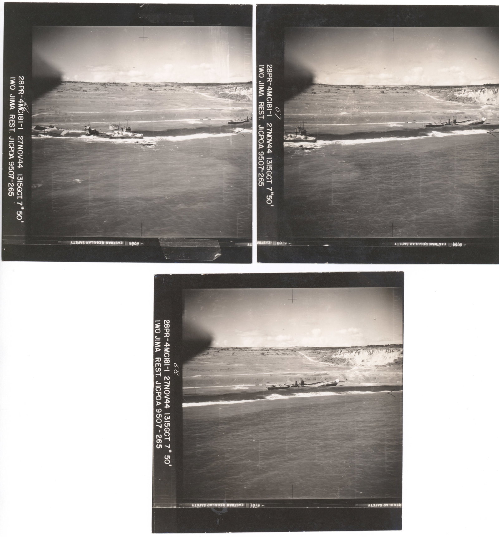 IWO JIMA AERIAL PHOTOGRAPHS (9): Fine lot of nine pre-invasion aerial photographs of Iwo Jima. Three 9 x 9.25 in. photos show a Jan. 4-5 aerial bombardment of coastal sections of the island with bomb craters visible on the shore