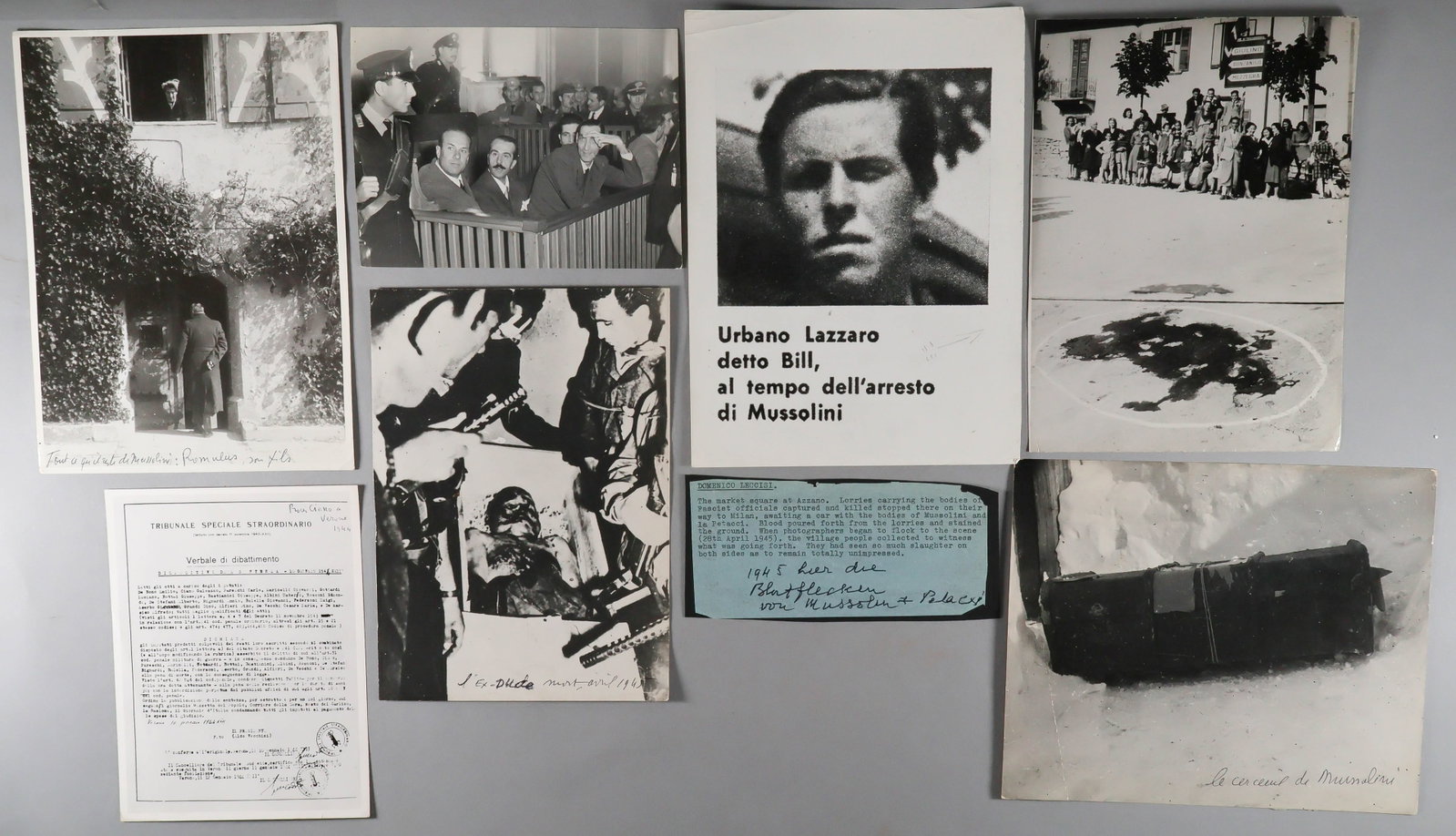 THE DEATH OF BENITO MUSSOLINI, PRINCE BORGHESE AND MORE (7): A group of seven period press photos ranging in size from 7 x 5 in. to 8 x 10 in., showing the body of the slain dictator, his coffin, Mussolini’s son Romulus entering a house, and villagers