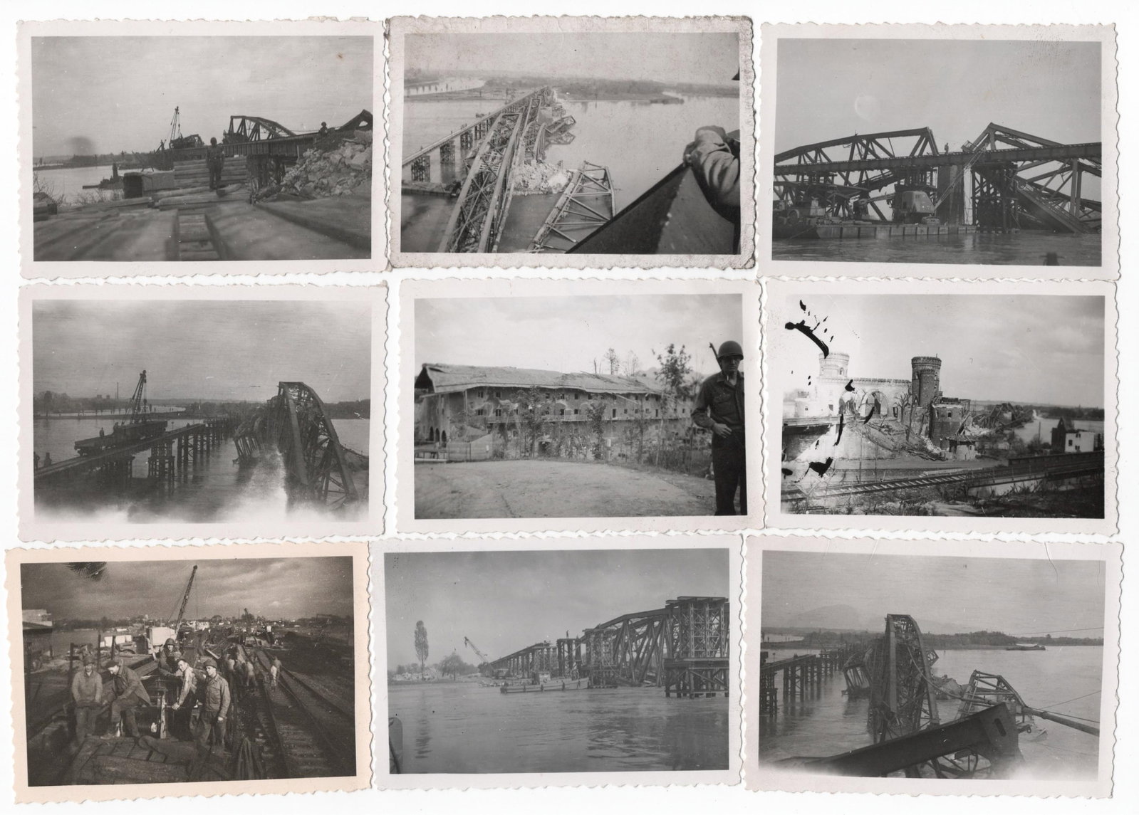 U.S. ARMY ENGINEER’S RHINE BRIDGE DAMAGE AND BERCHTESGADEN PHOTO GROUPING (56): A fine group of fifty-six original photographs, each 3.5 x 2.5 in. b/w, taken by an unidentified U.S. Army engineer circa late 1944 to early 1945, documenting damaged and destroyed bridges and other