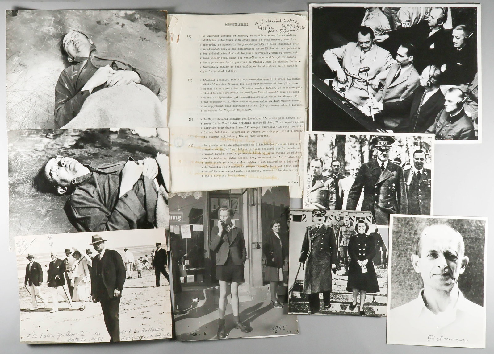 WORLD WAR II PRESS PHOTOS (8): A group of eight period photographs ranging in size from 5.5 x 6 in. to 8 x 10 in., most with press stamps on verso and offering images such as Hitler walking with Eva Braun, the deceased Heinrich
