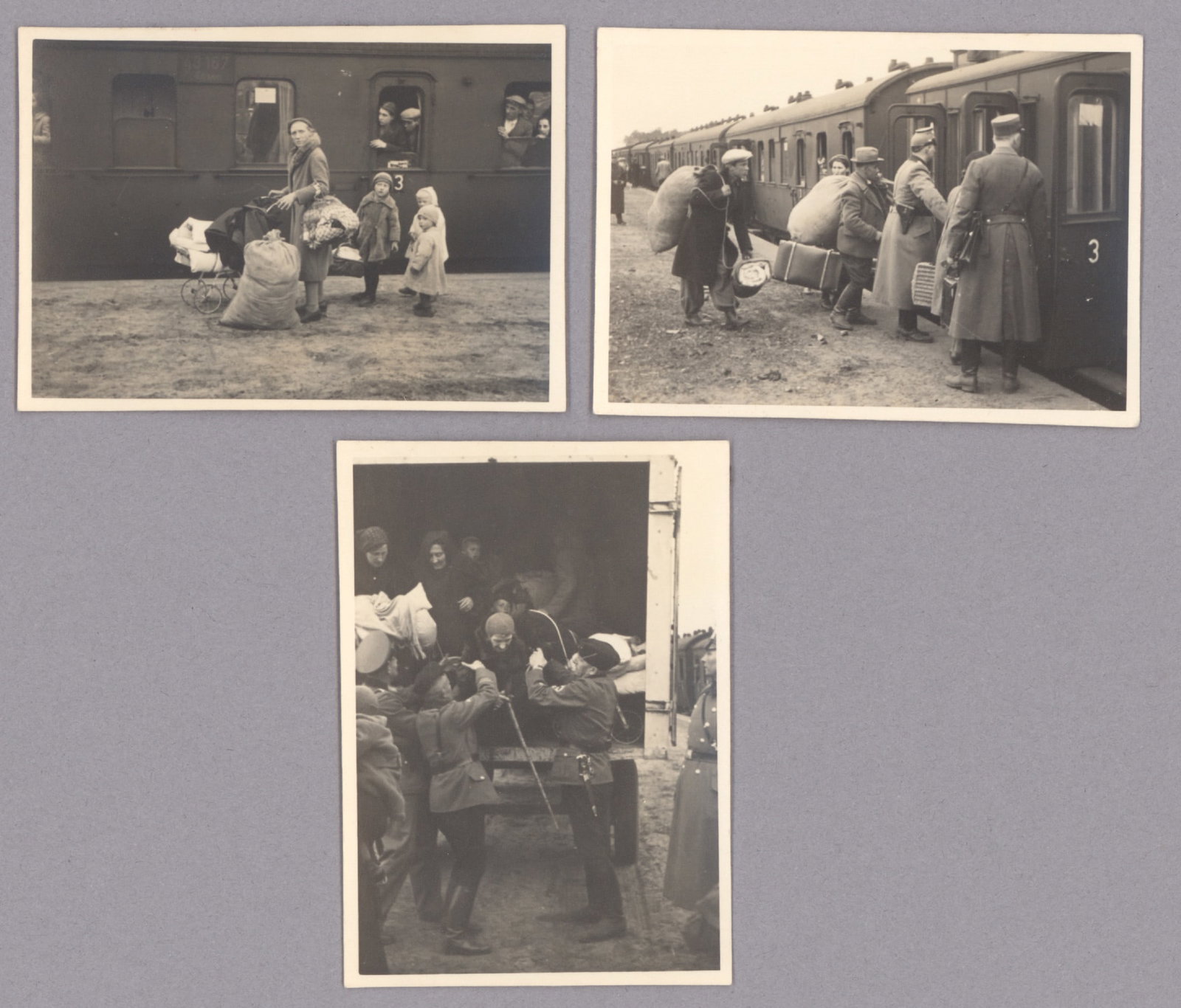 JEWS ARE SENT OFF BY TRAIN, ABUSED BY GERMANS (7): Lot of seven important photographs from a German soldier's album, each 3.5 x 2.25 in., includes: a Jew with a Star of David insignia applied to his back as he tips his hat to two German soldiers acros