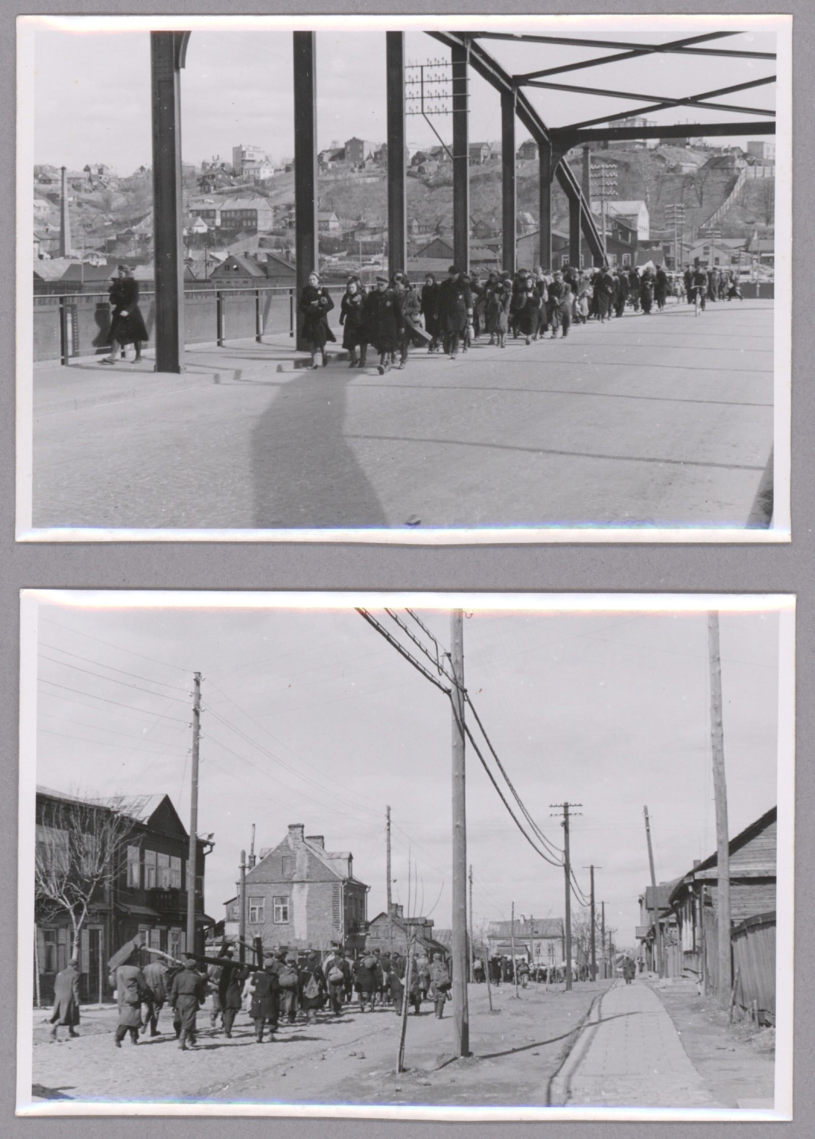 GERMANS DEPORT THE JEWS OF KONIN, POLAND (2): Important pair of two original photographs, each 3.5 x 5 in. b/w, both according to a caption of verso depicting Jews in Konin, Poland 'on the way to the ghetto'. In one image, perhaps one hundred or 