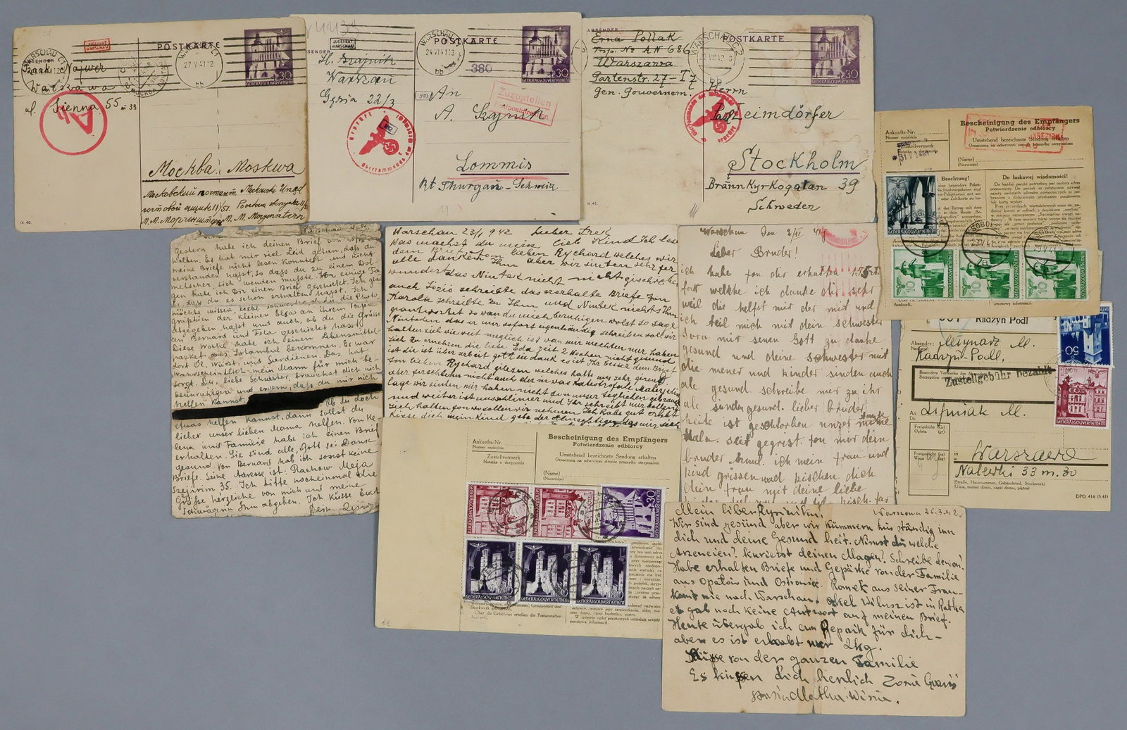 WARSAW GHETTO CORRESPONDENCE LOT (10): A lot of ten postcards sent from the Warsaw Ghetto in 1941-1942, almost all bearing a small stamp reading ‘Judenrat Warschau’ and/or ‘Judischen Wohnbeziak’, seven being notes t