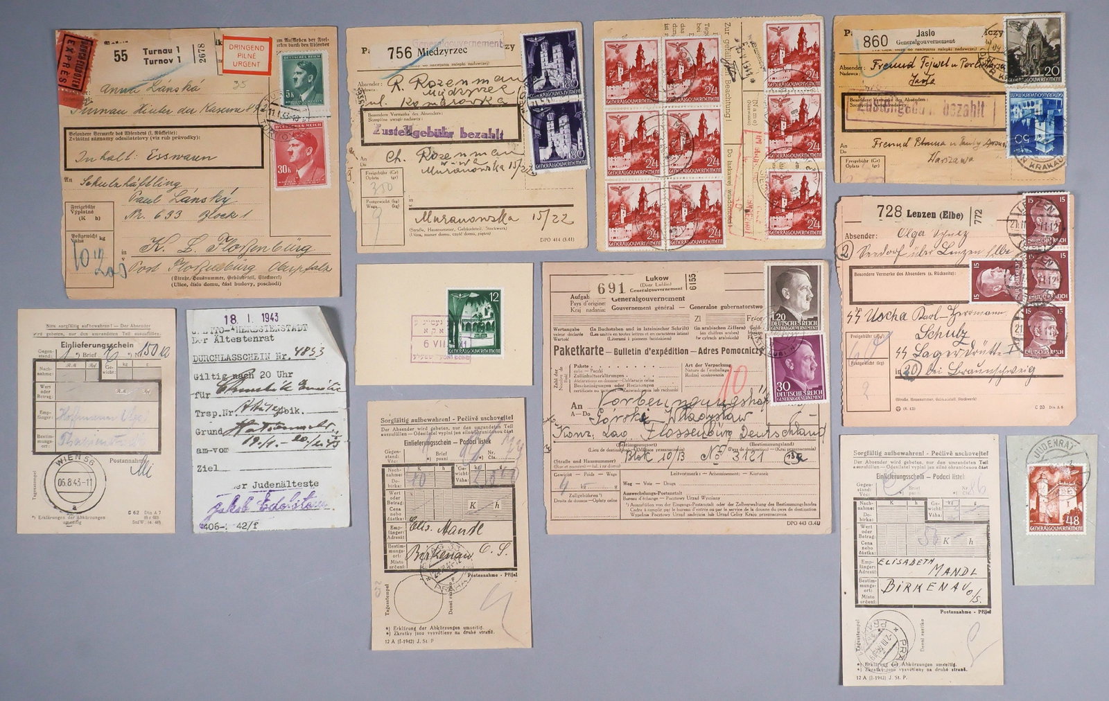 WARSAW GHETTO AND CONCENTRATION CAMP RECEIPTS AND STAMPS (12) (1 of 2)