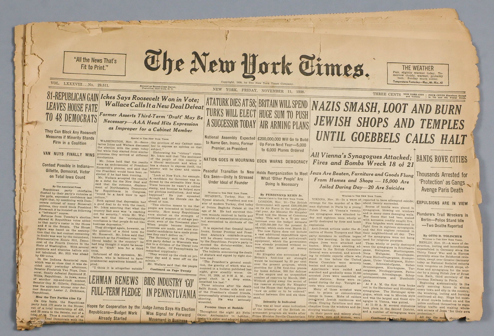 'KRISTALLNACHT' AS REPORTED IN THE NEW YORK TIMES: Original copy of The New York Times, Nov. 11, 1938, 26pp. folio, with a front page report on the Nazi depredations of 'Kristallnacht', Nov. 9-10, 1938. The first page headlines read, in part: 'NAZIS S