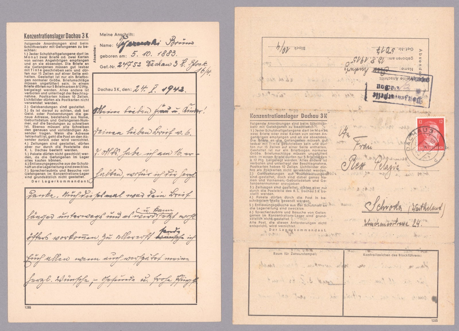 DACHAU CONCENTRATION CAMP PRISONERS’ LETTERS (2): A good pair of handwritten letters on official letter forms, both mailed by individuals imprisoned at KL-Dachau. The first, 3pp. 8vo., was written by a Polish prisoner, surname Tyzrowski, and dated Ma