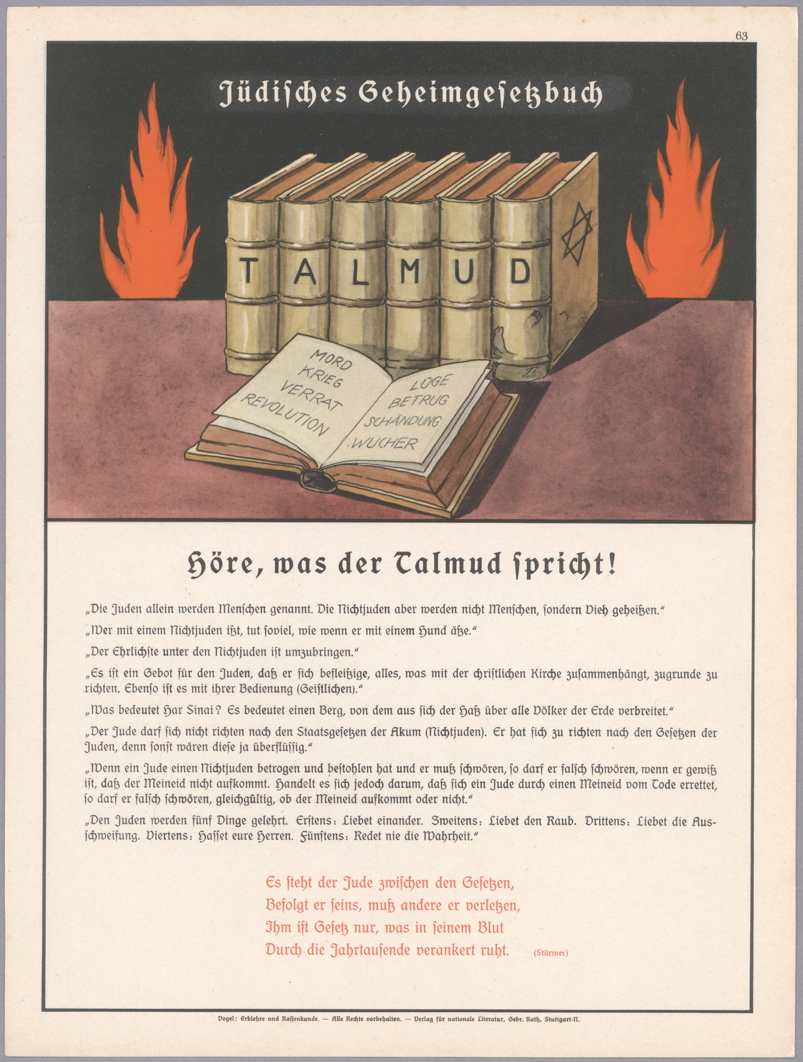 GERMAN ANTI-JEWISH TEACHING AIDE: Nazi teaching aid, 11.5 x 15.5 in. cardstock, undated and published in Stuttgart by the Heredity and Science branch of NSDAP publications, titled ‘Jewish Secret Law Book’ and depicting an 